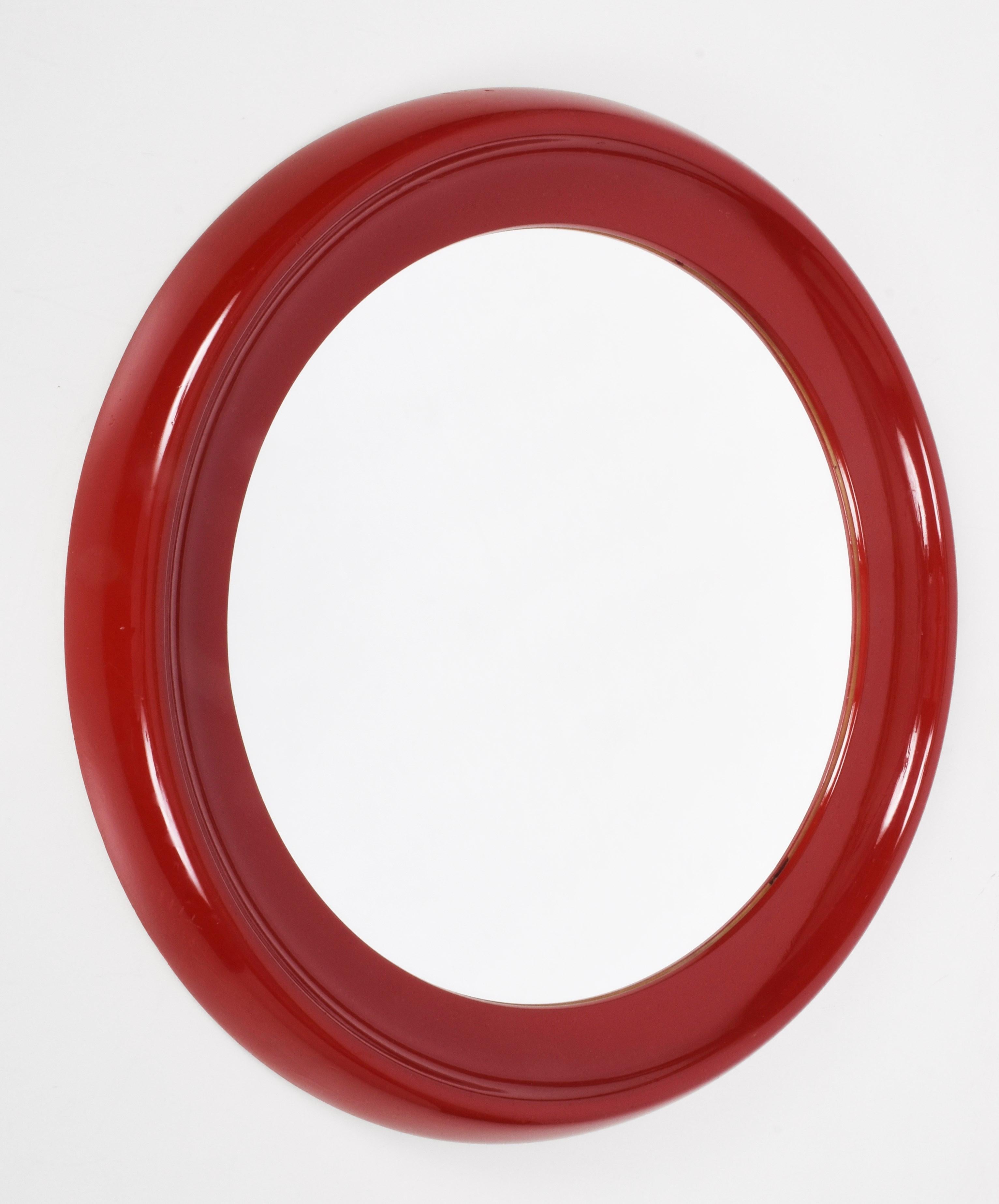 Late 20th Century Midcentury Round Italian Mirror with Red Lacquered Resin Frame, 1970s