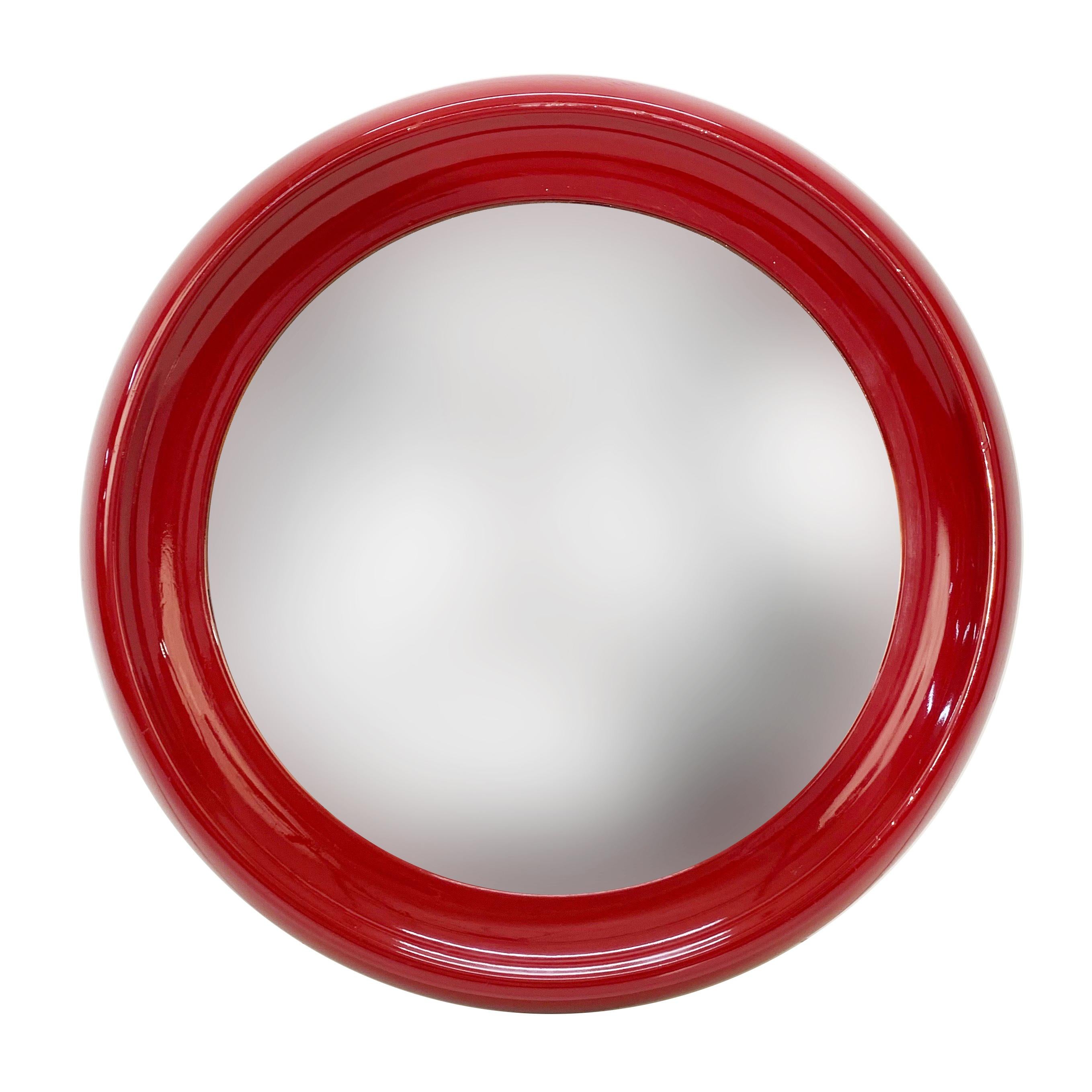 Midcentury Round Italian Mirror with Red Lacquered Resin Frame, 1970s 1