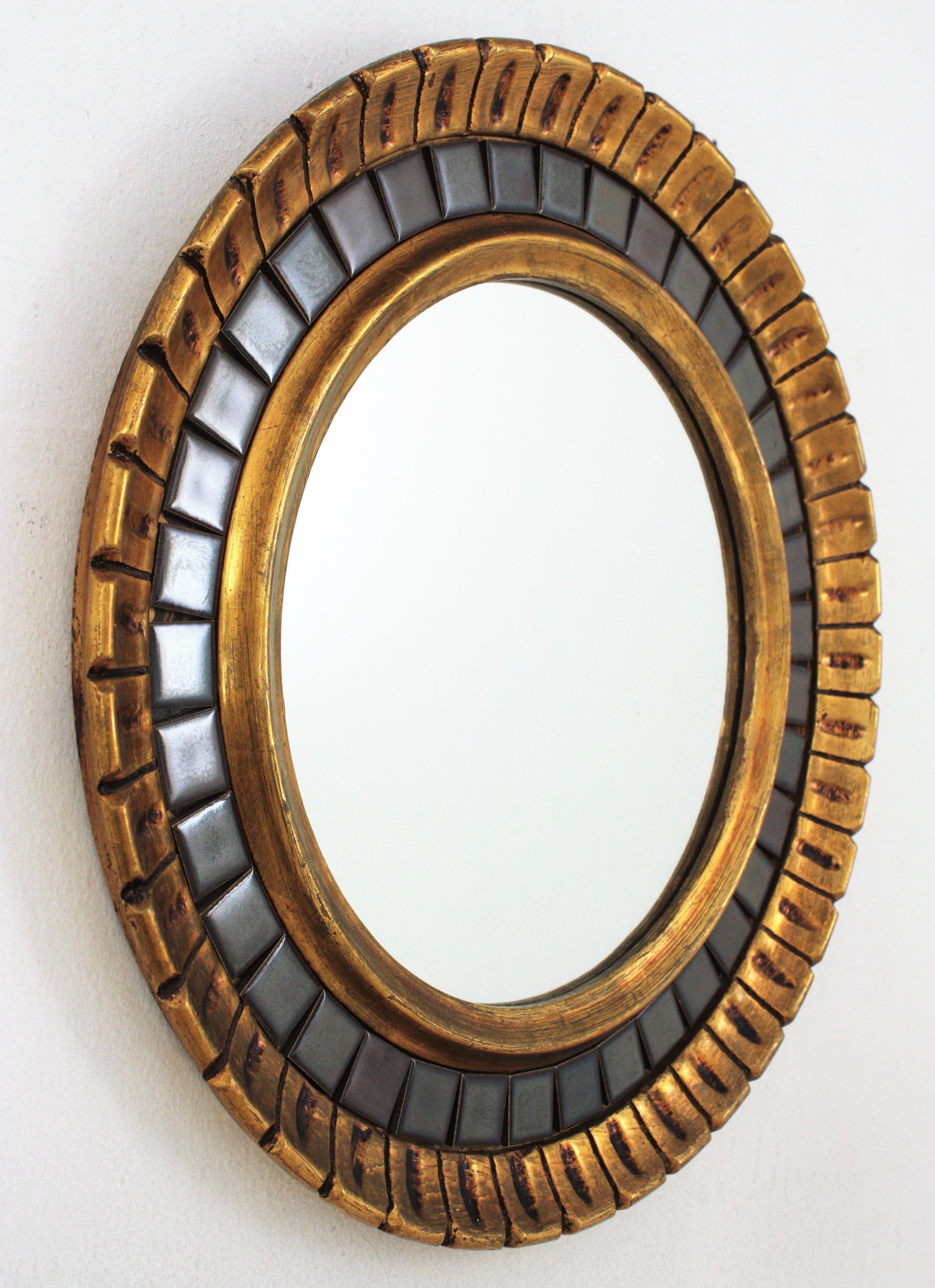 Spanish Midcentury Round Mirror, Giltwood and Ceramic For Sale