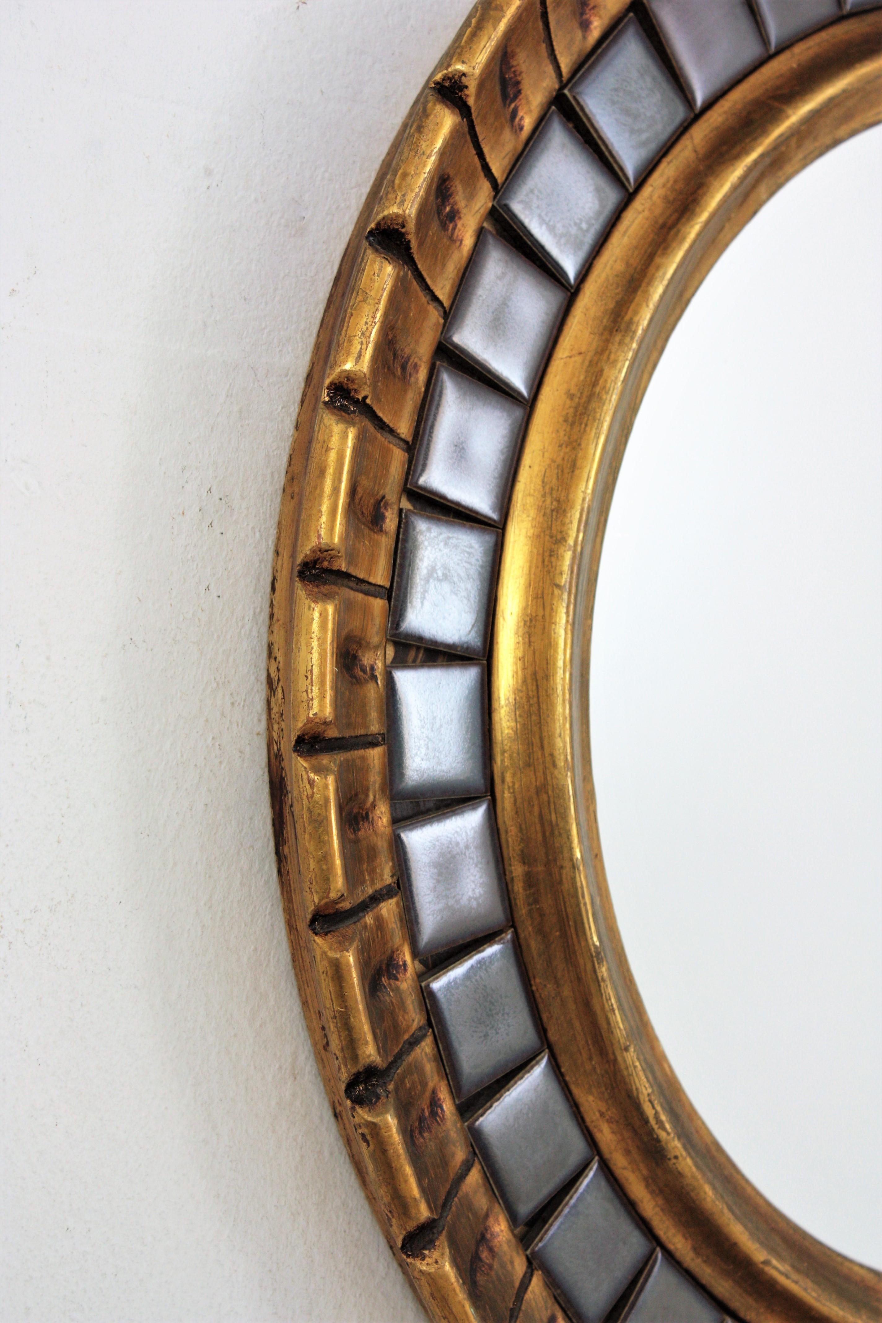 Hand-Crafted Midcentury Round Mirror, Giltwood and Ceramic For Sale