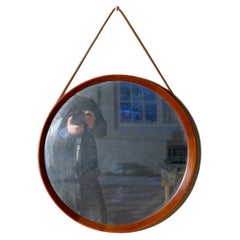 Midcentury Modern Round Mirror in Leather & Teak by Glas & Trä Hovmantorp Sweden