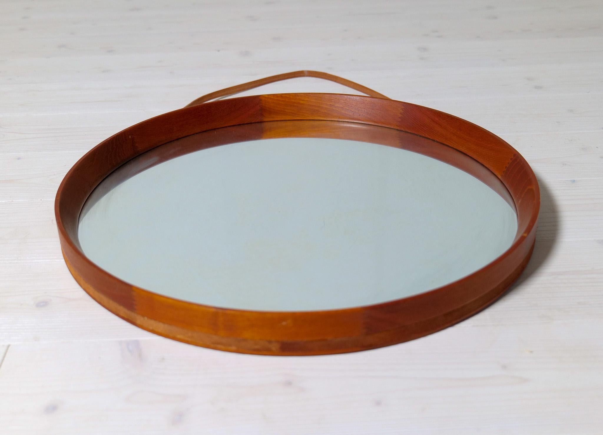 Mid-20th Century Midcentury Modern Round Mirror in Leather & Teak by Glas & Trä Hovmantorp Sweden For Sale