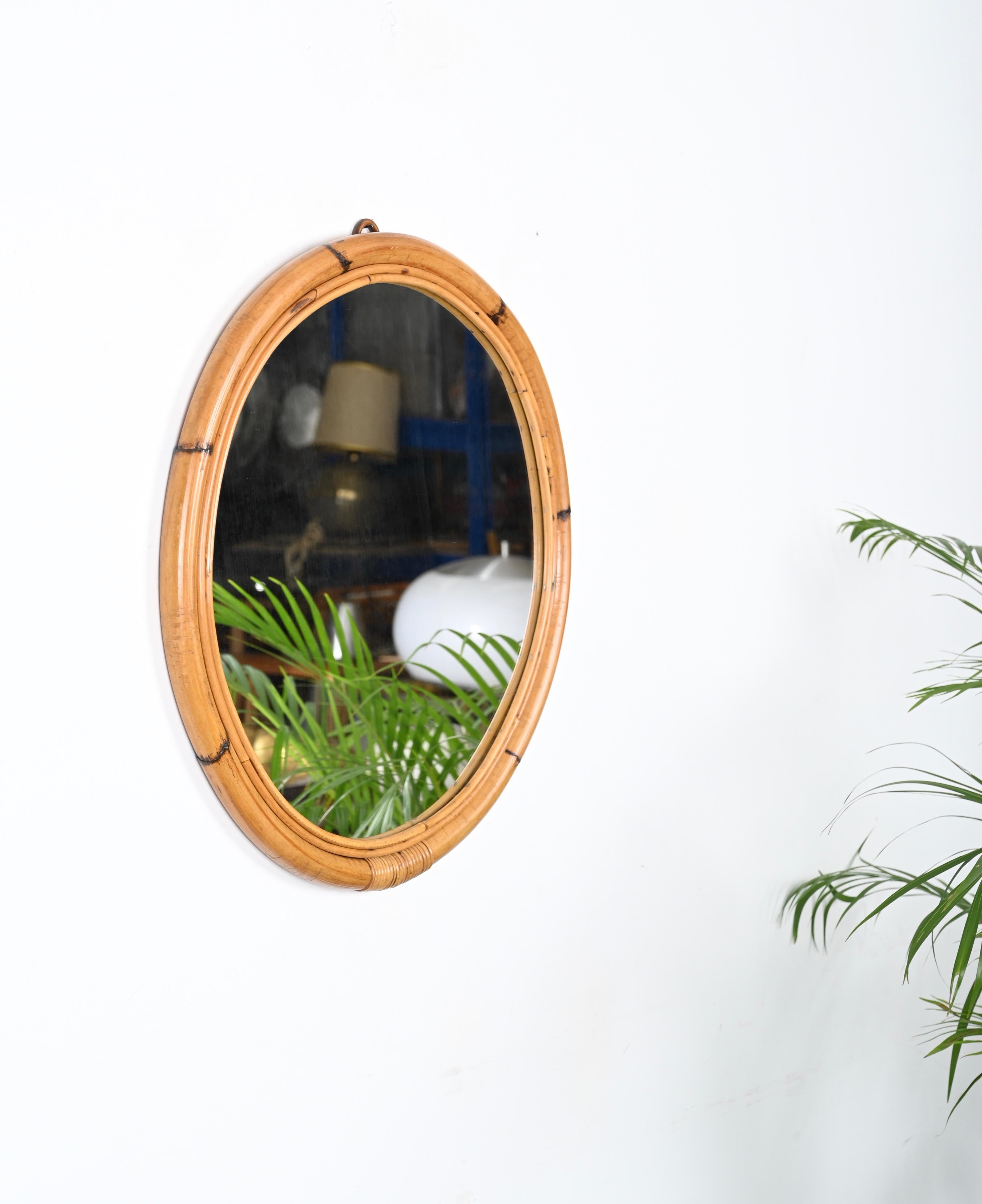 French  Riviera Round Mirror with Double Bamboo and Wicker Frame, Italy 1970s For Sale 2