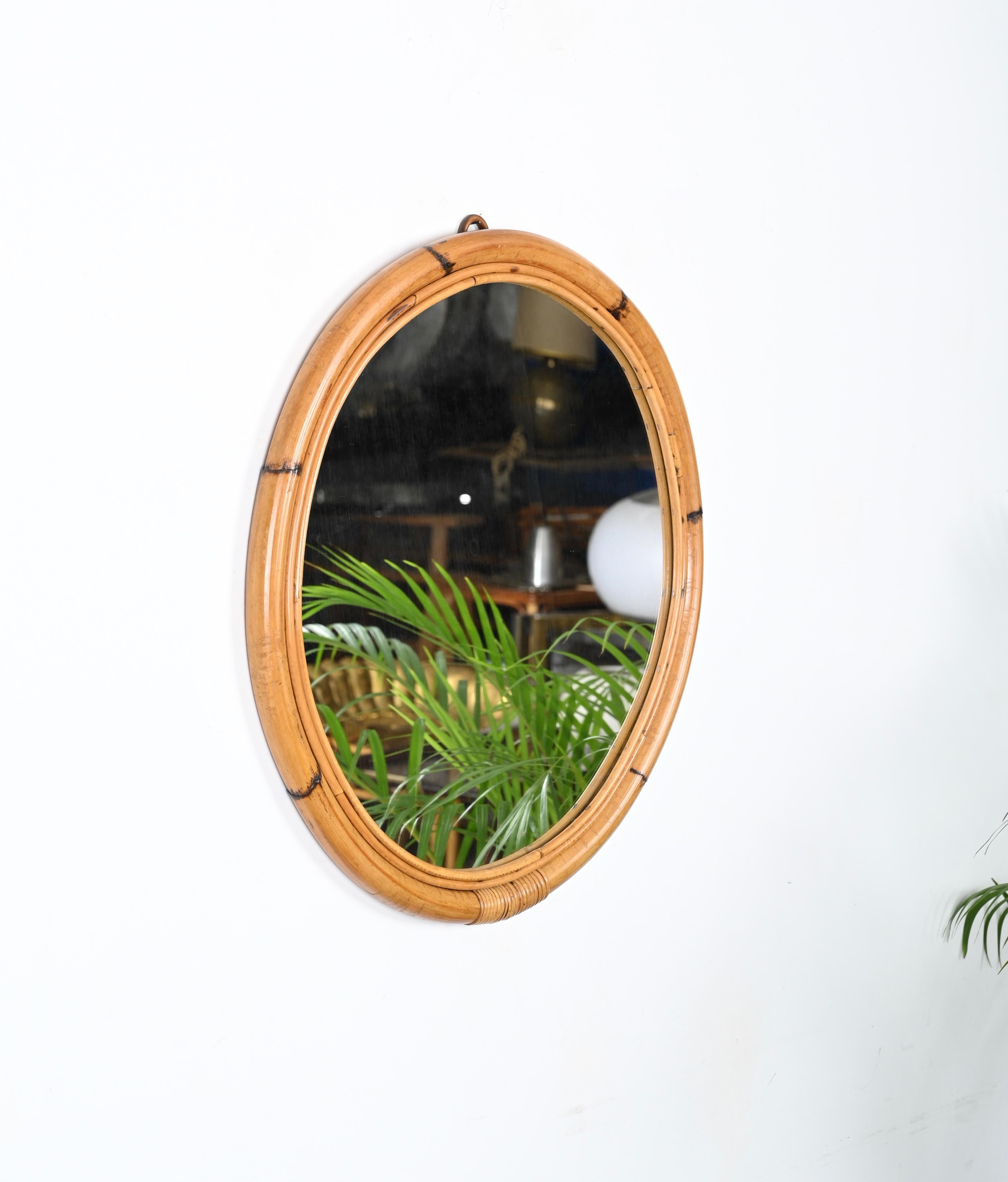 Mid-Century Modern French  Riviera Round Mirror with Double Bamboo and Wicker Frame, Italy 1970s For Sale