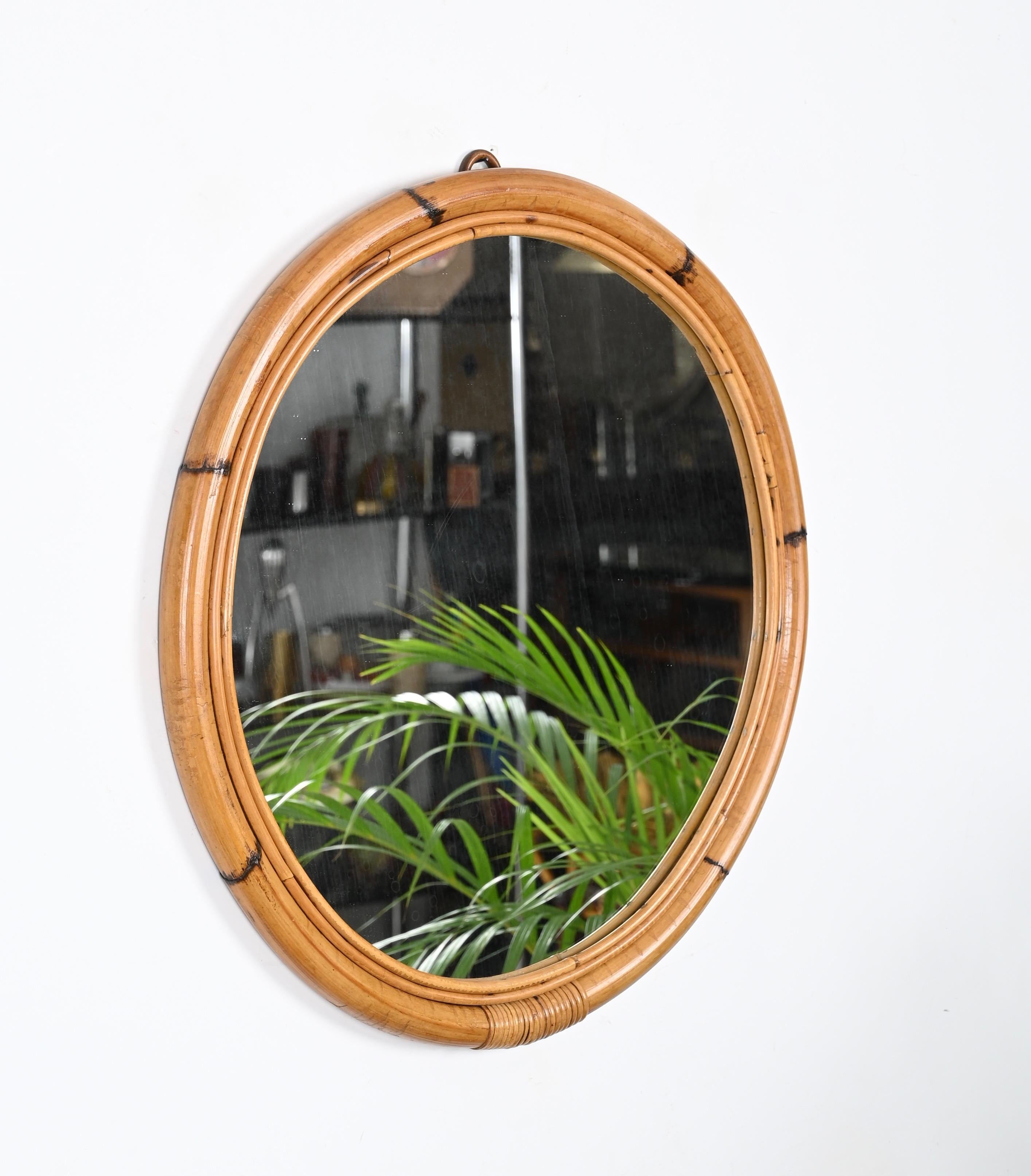 Italian French  Riviera Round Mirror with Double Bamboo and Wicker Frame, Italy 1970s For Sale
