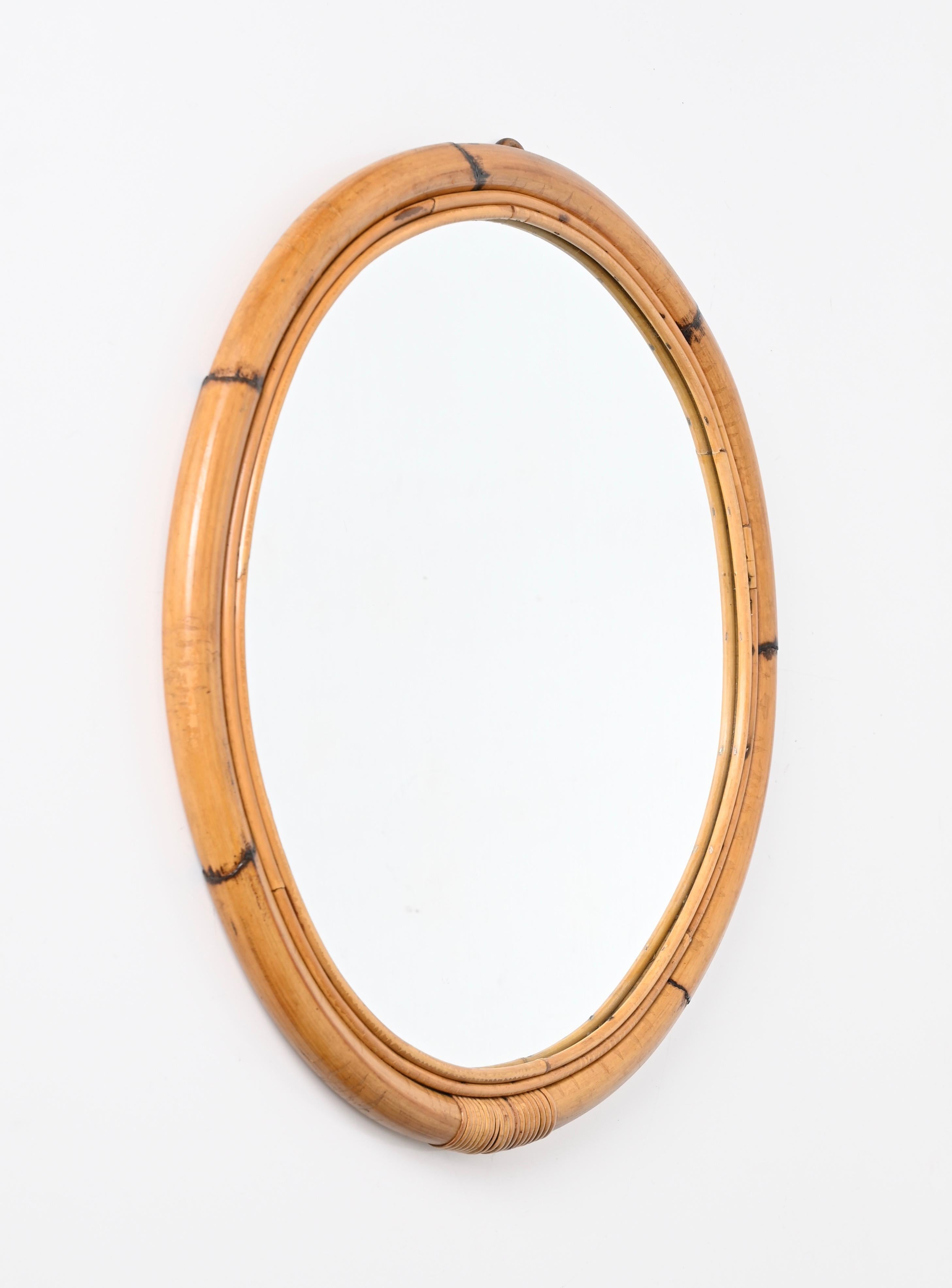 20th Century French  Riviera Round Mirror with Double Bamboo and Wicker Frame, Italy 1970s For Sale