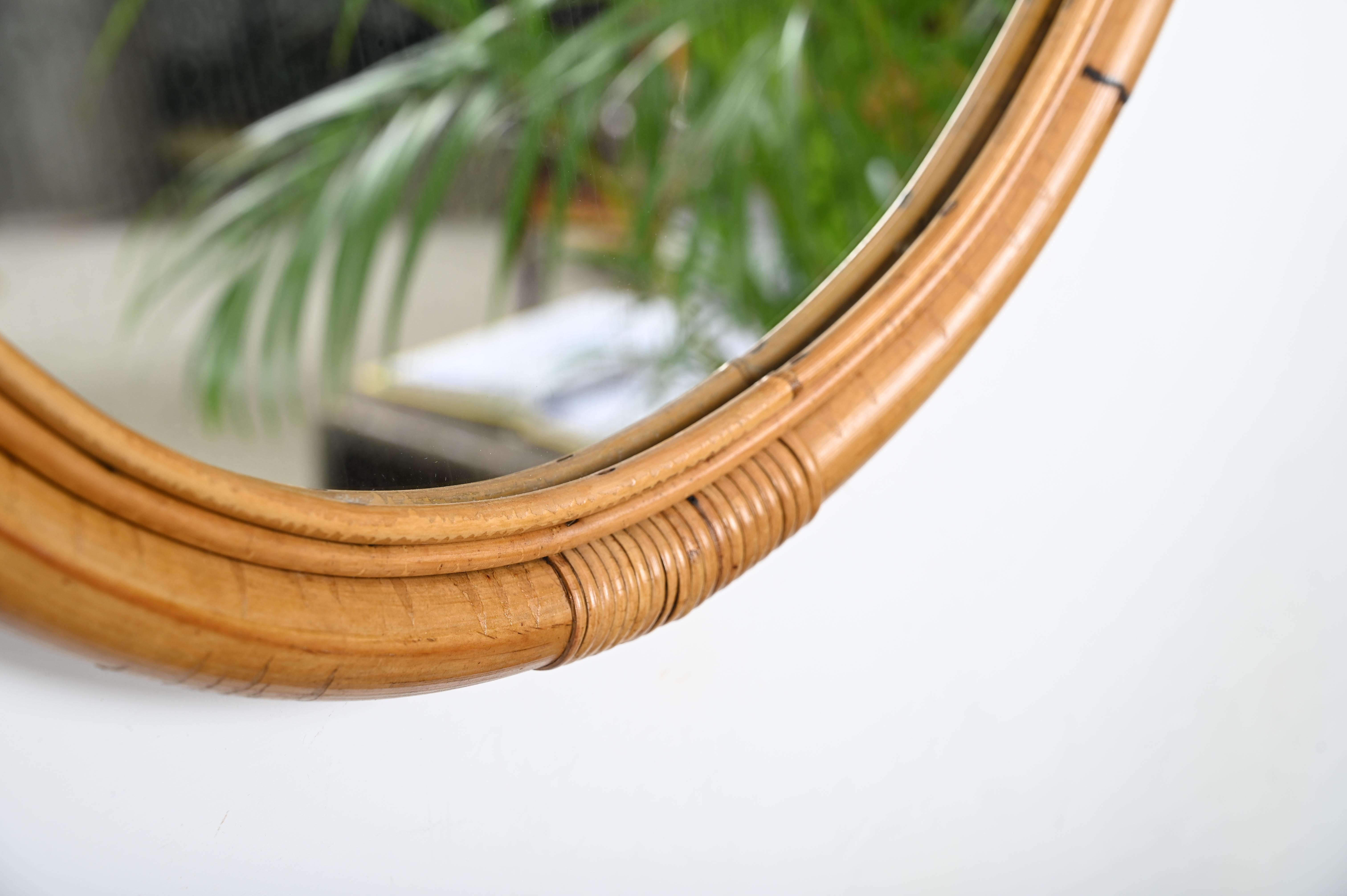 Hand-Woven French  Riviera Round Mirror with Double Bamboo and Wicker Frame, Italy 1970s For Sale