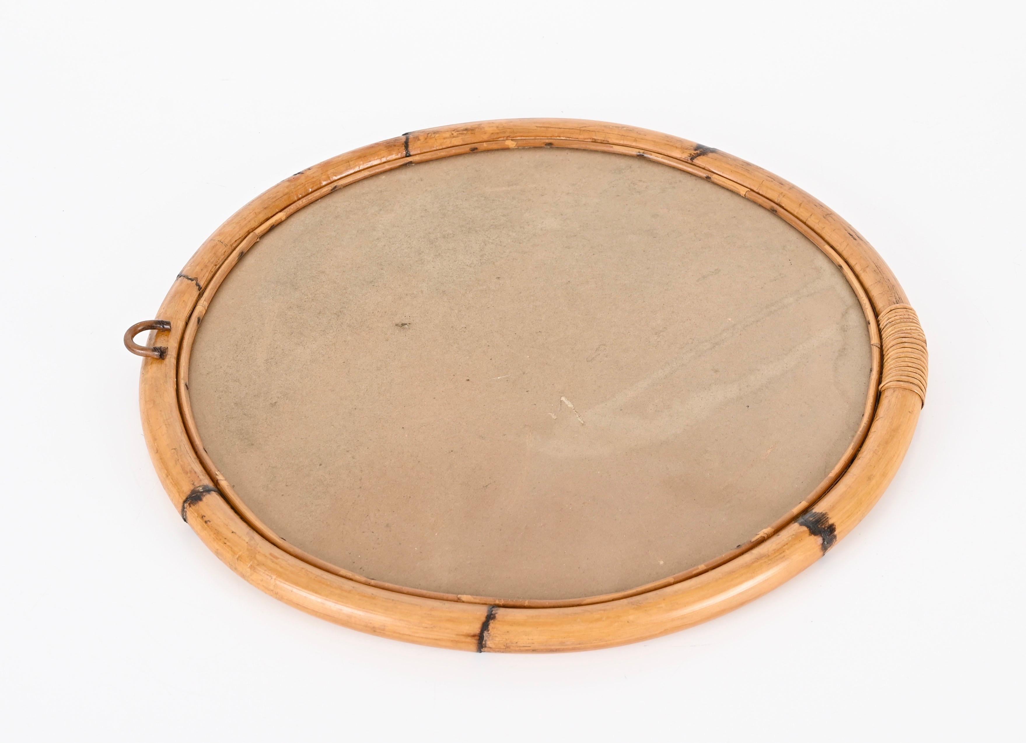 French  Riviera Round Mirror with Double Bamboo and Wicker Frame, Italy 1970s For Sale 1