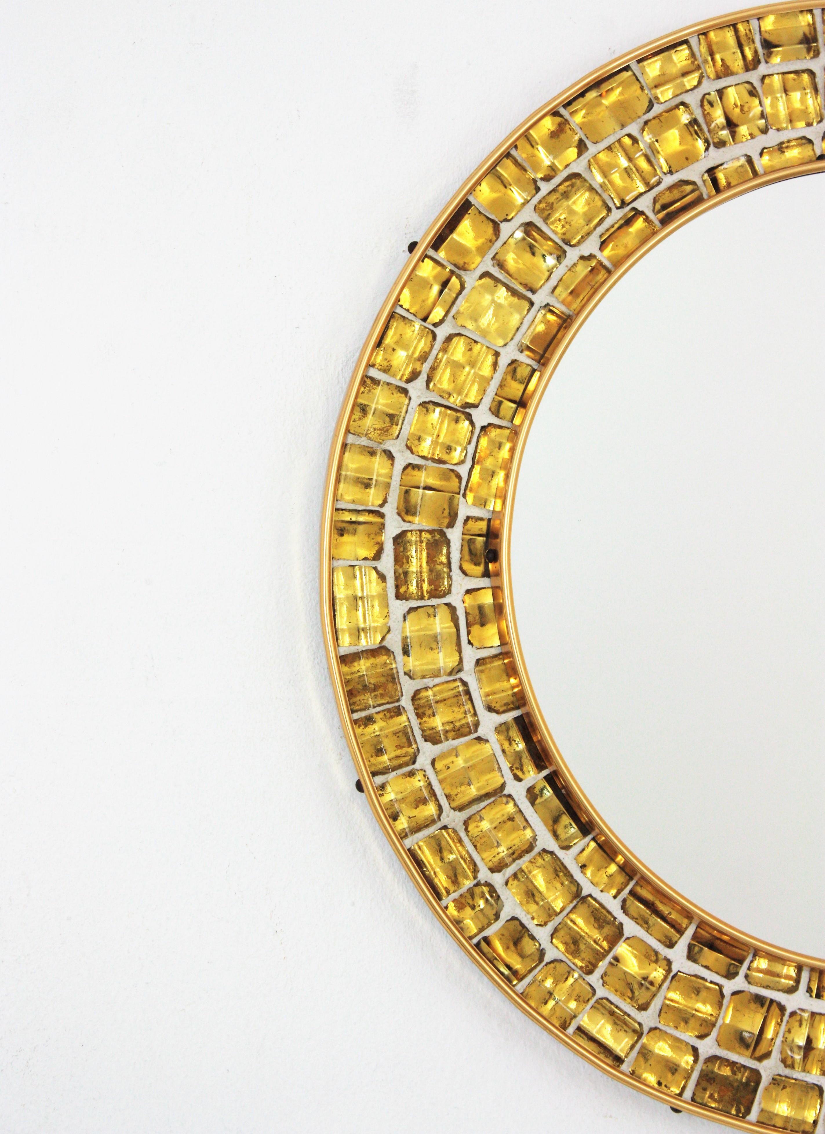 Spanish Midcentury Round Mirror with Golden Glass Mosaic Frame For Sale