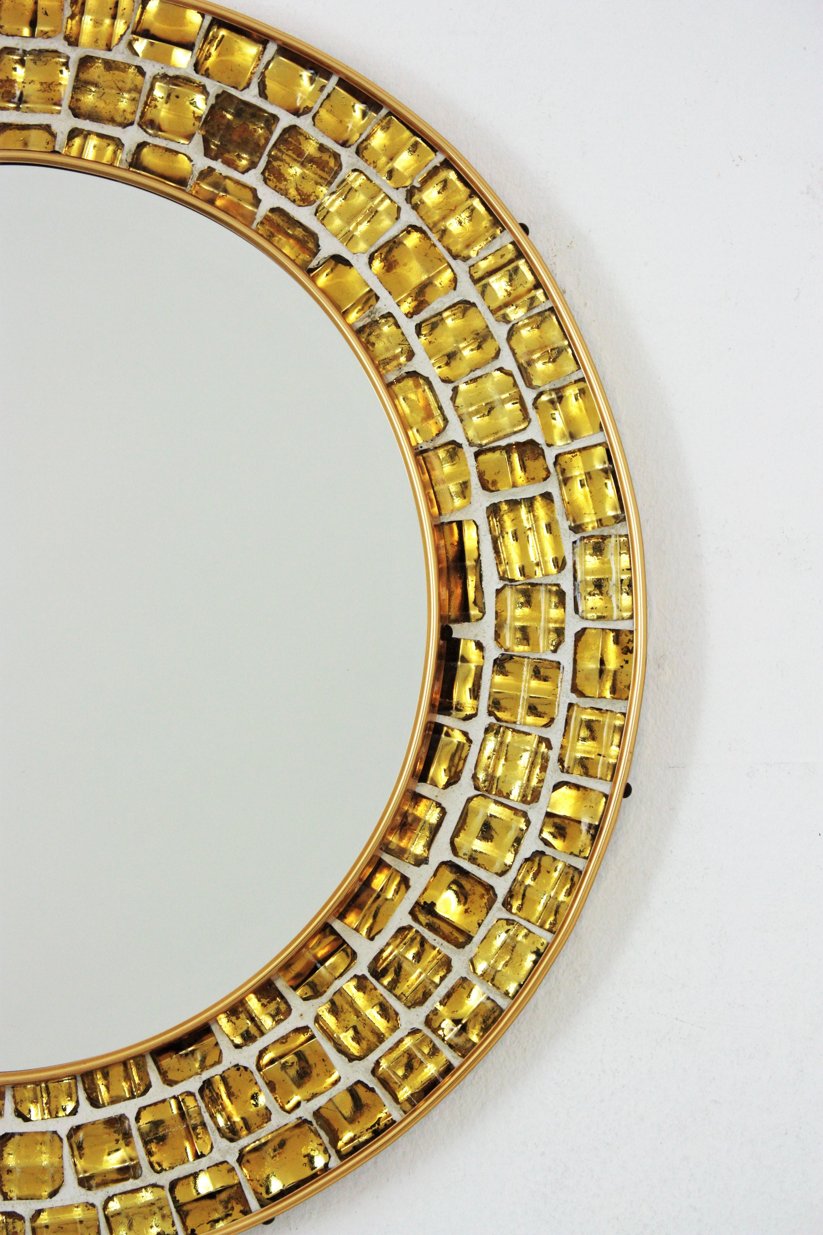 Hand-Crafted Midcentury Round Mirror with Golden Glass Mosaic Frame For Sale