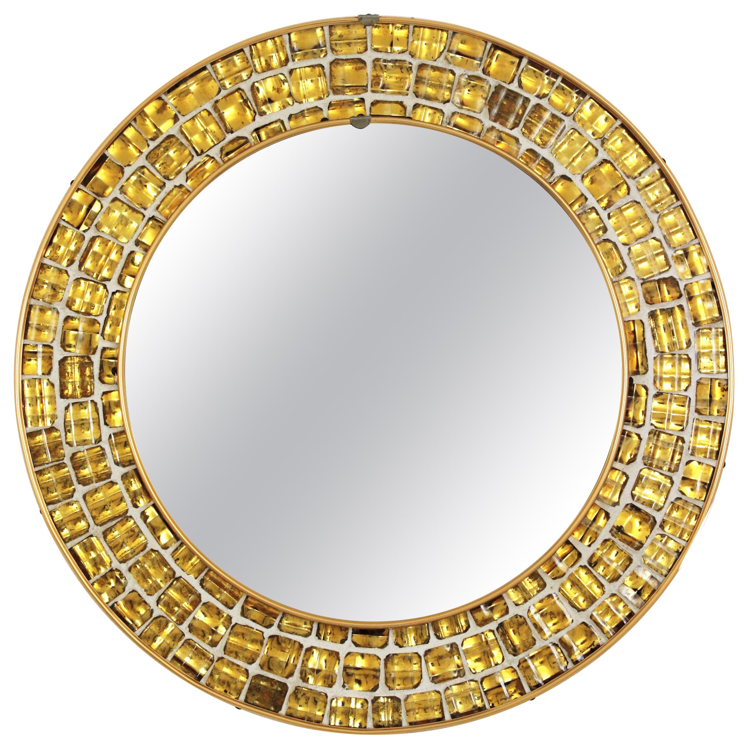 Midcentury Round Mirror with Golden Glass Mosaic Frame