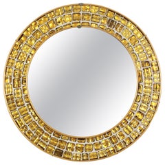 Retro Midcentury Round Mirror with Golden Glass Mosaic Frame