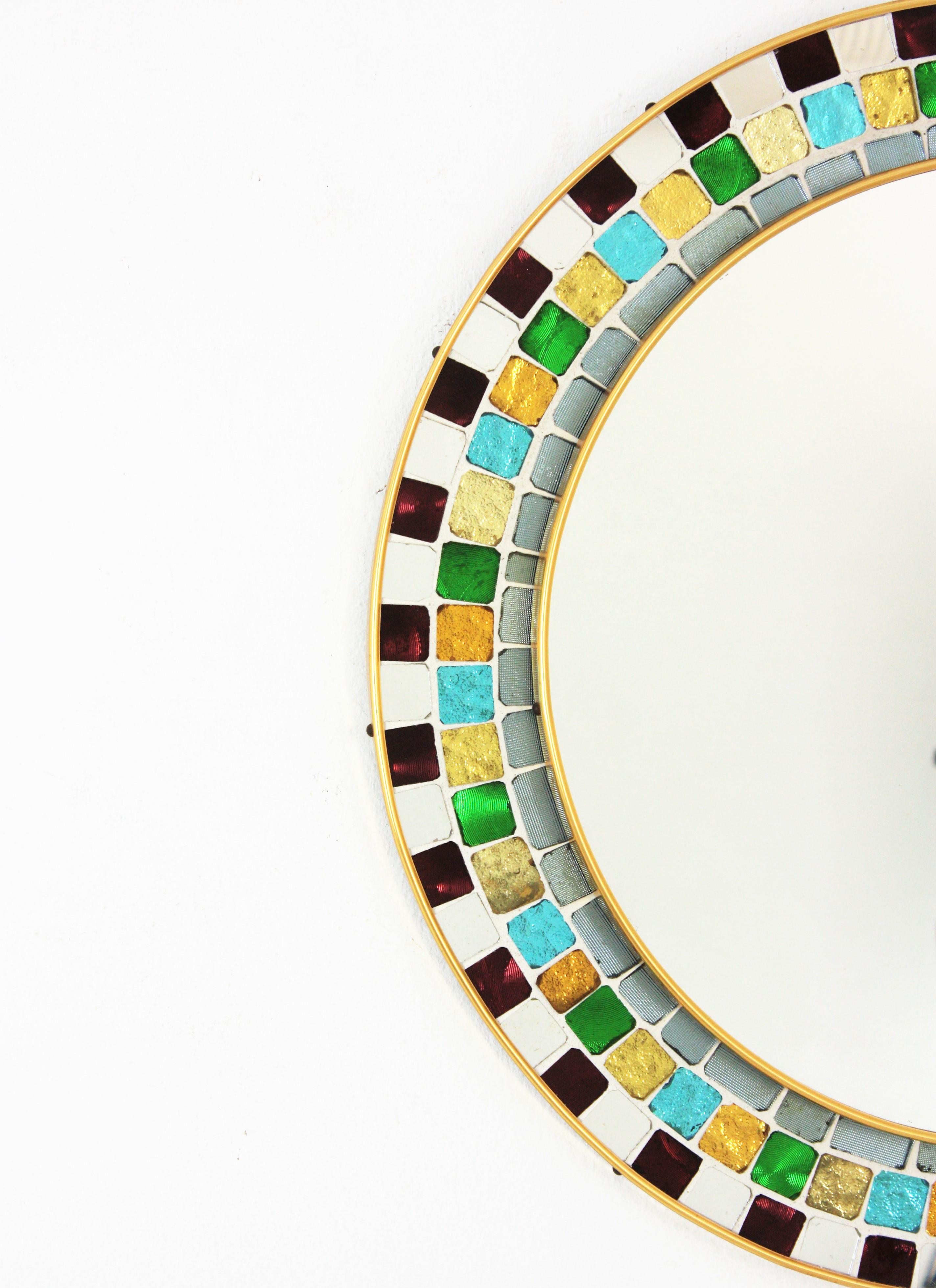 Hand-Crafted Midcentury Round Mirror with Multi Color Glass Mosaic Frame  For Sale
