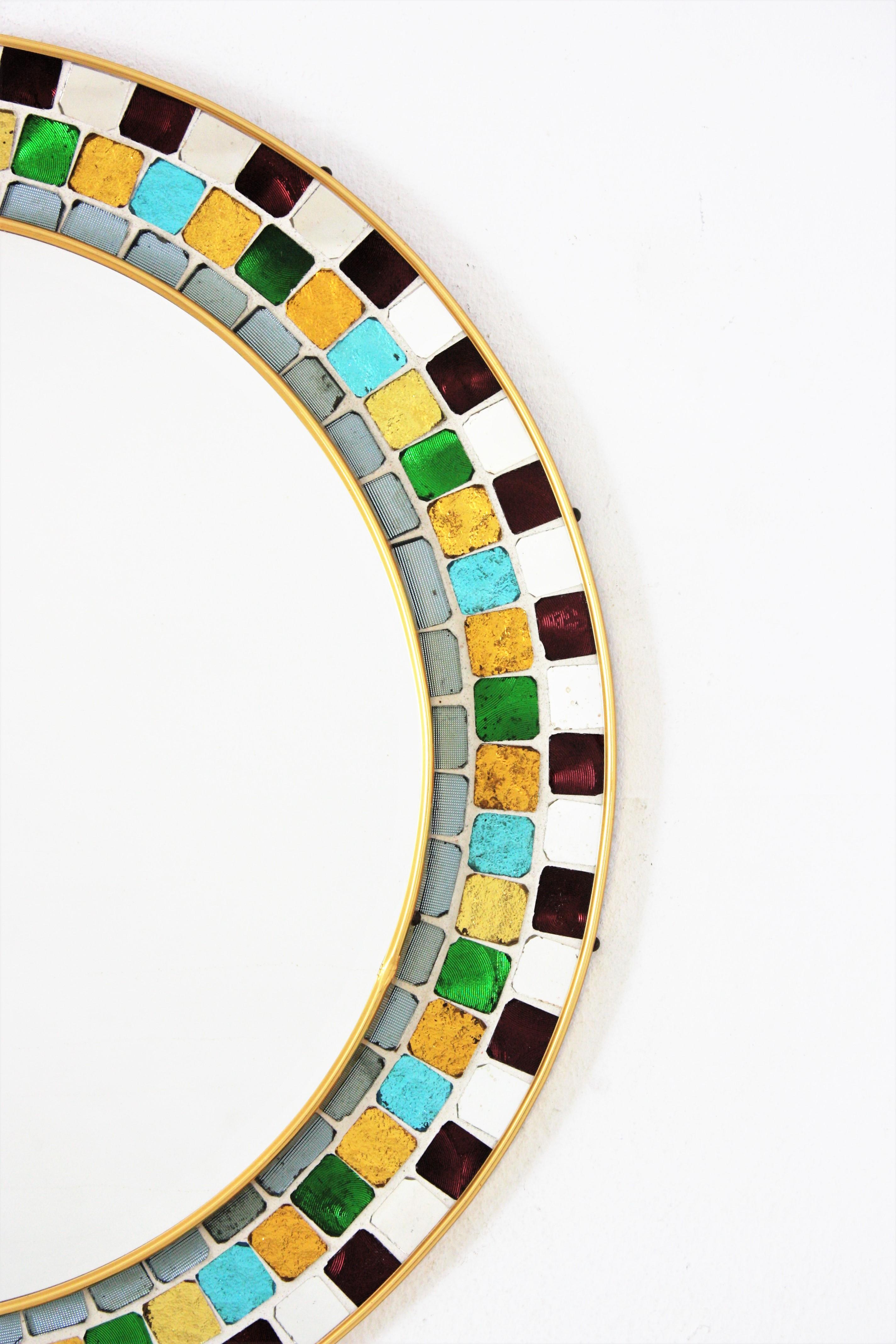 20th Century Midcentury Round Mirror with Multi Color Glass Mosaic Frame  For Sale