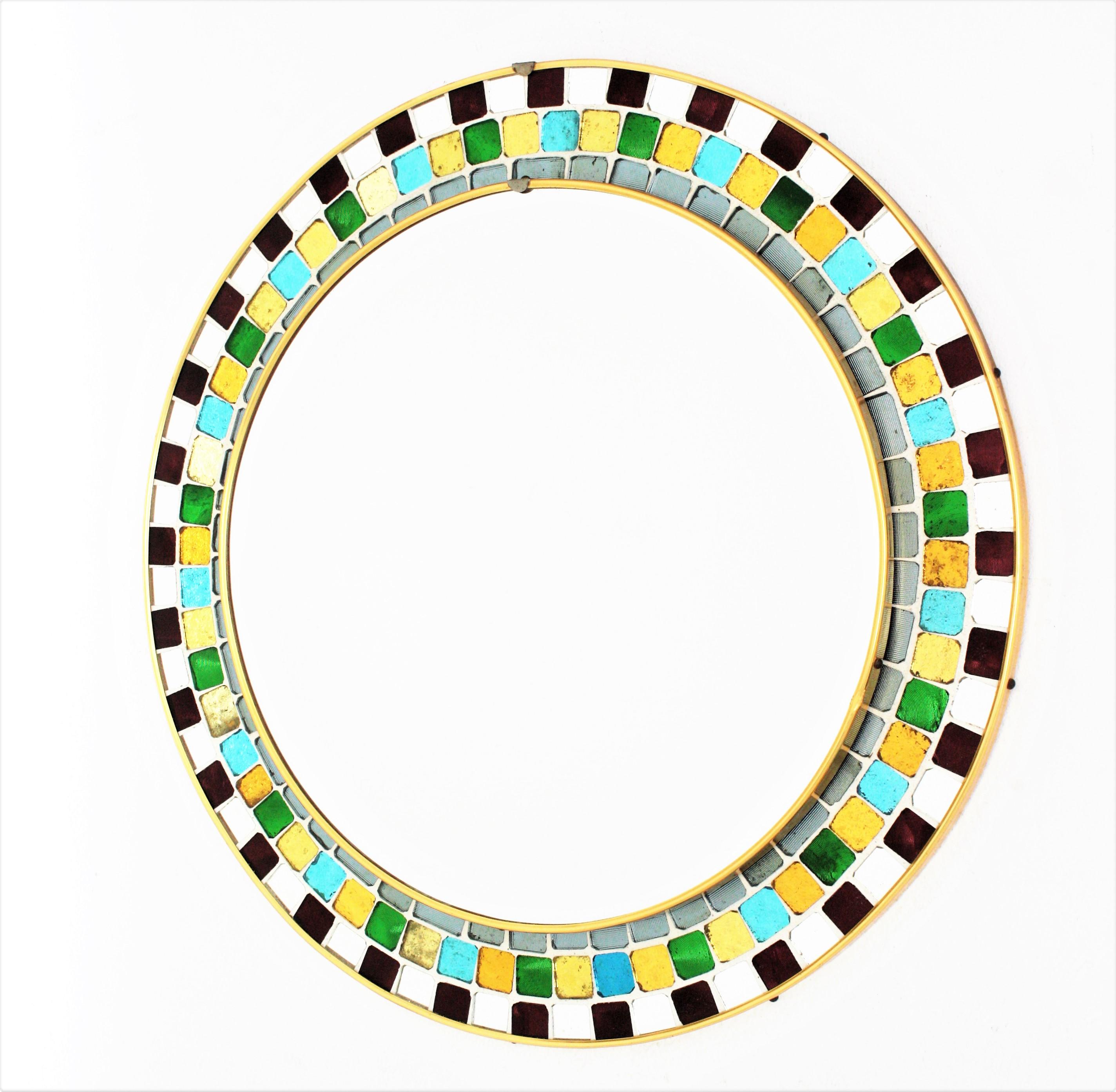 Midcentury Round Mirror with Multi Color Glass Mosaic Frame  For Sale 1