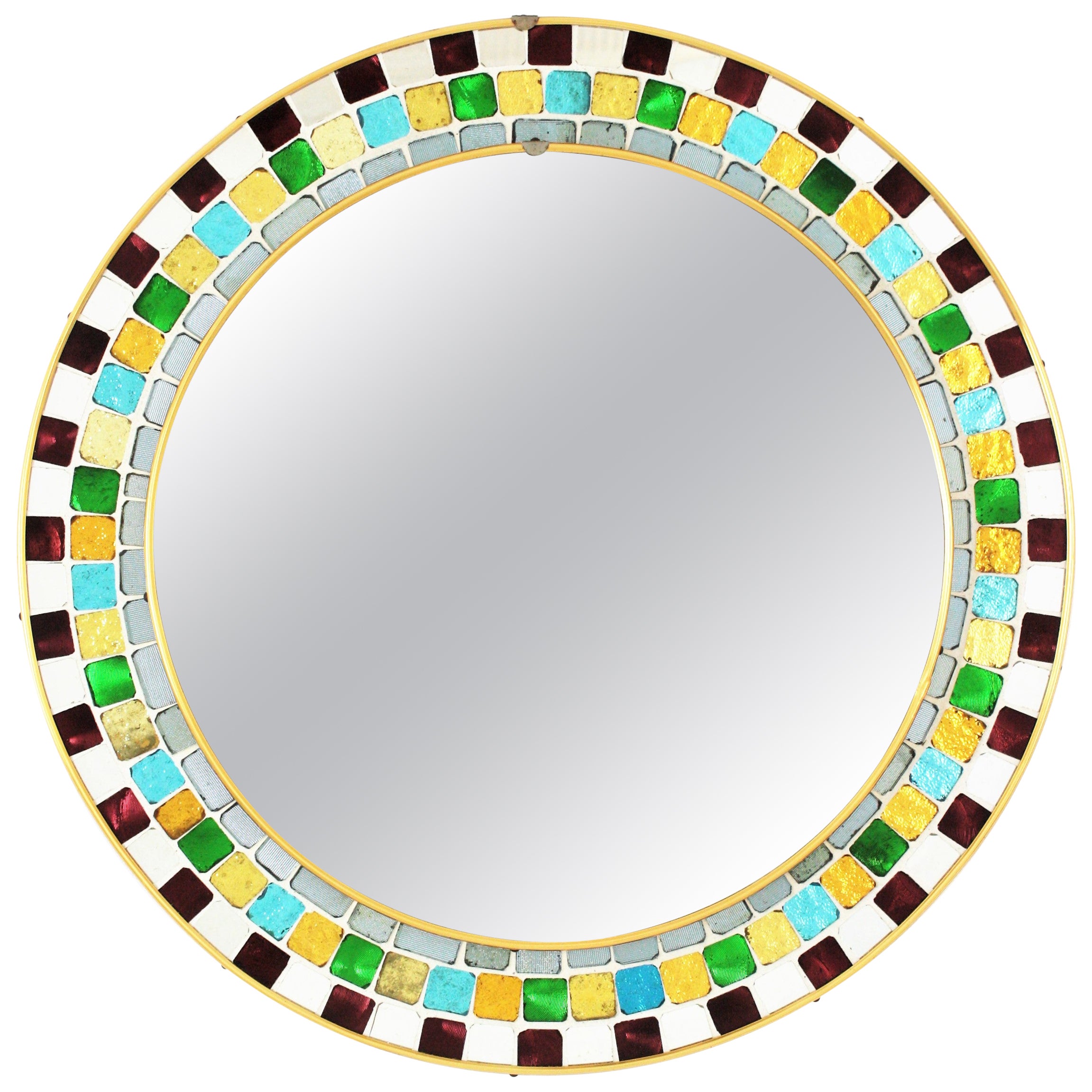 Specchio rotondo del Medioevo con cornice a mosaico in vetro multicolore