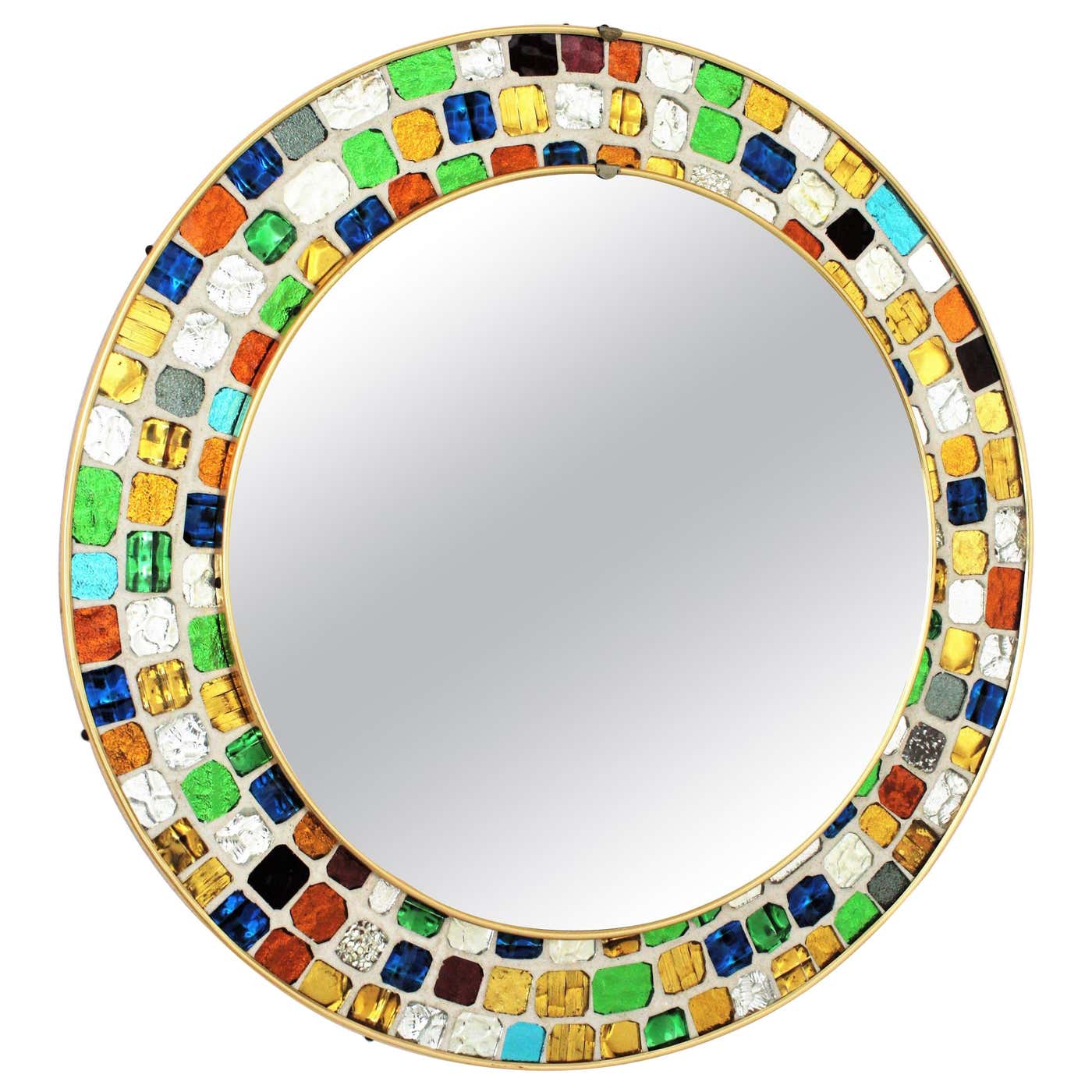 Midcentury Round Mirror with Multi-Color Art Glass Mosaic Frame, 1960s ...