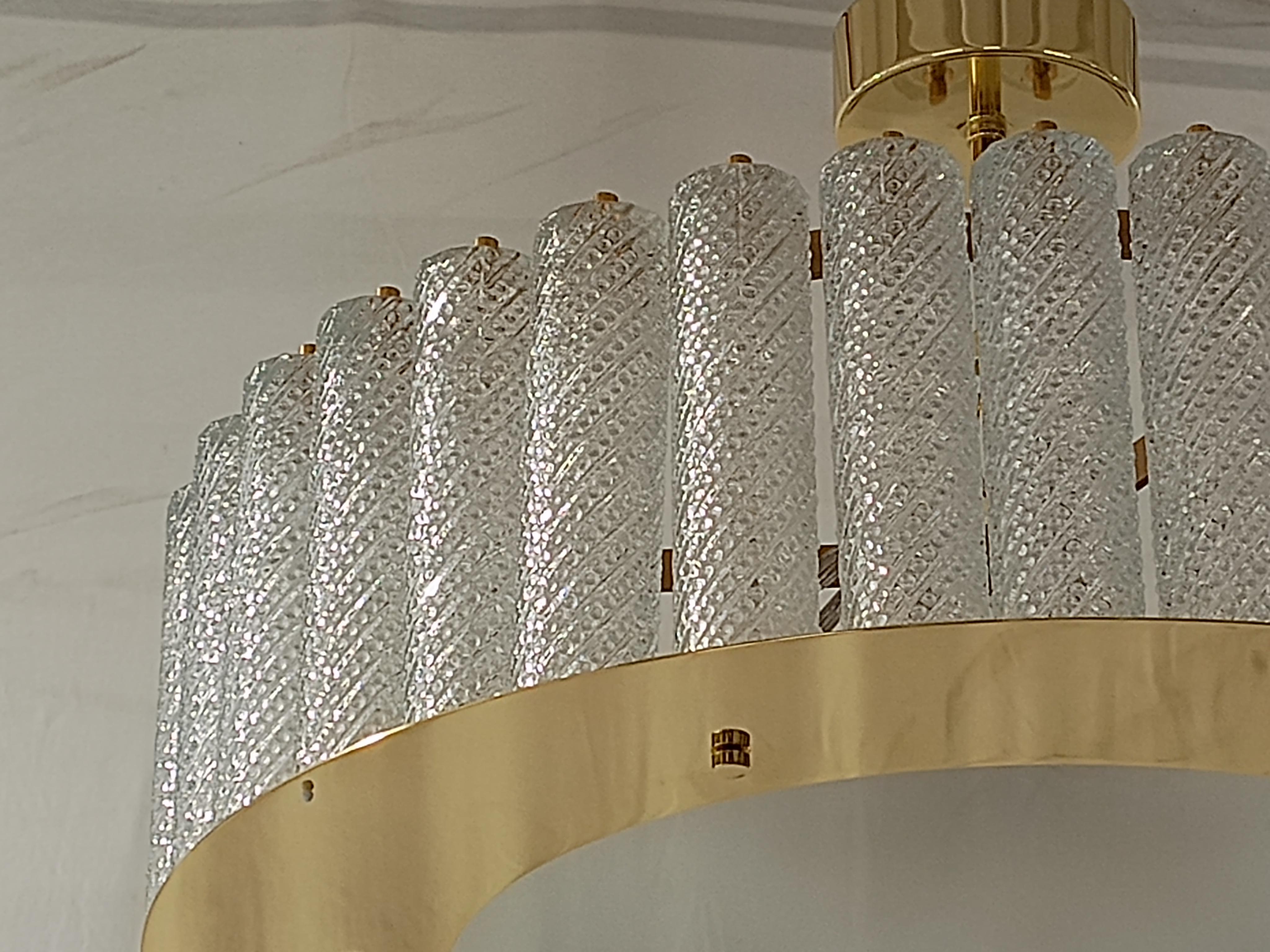 Italian Midcentury Round Murano Art Glass and Brass Chandelier and Pendant, 2020 For Sale