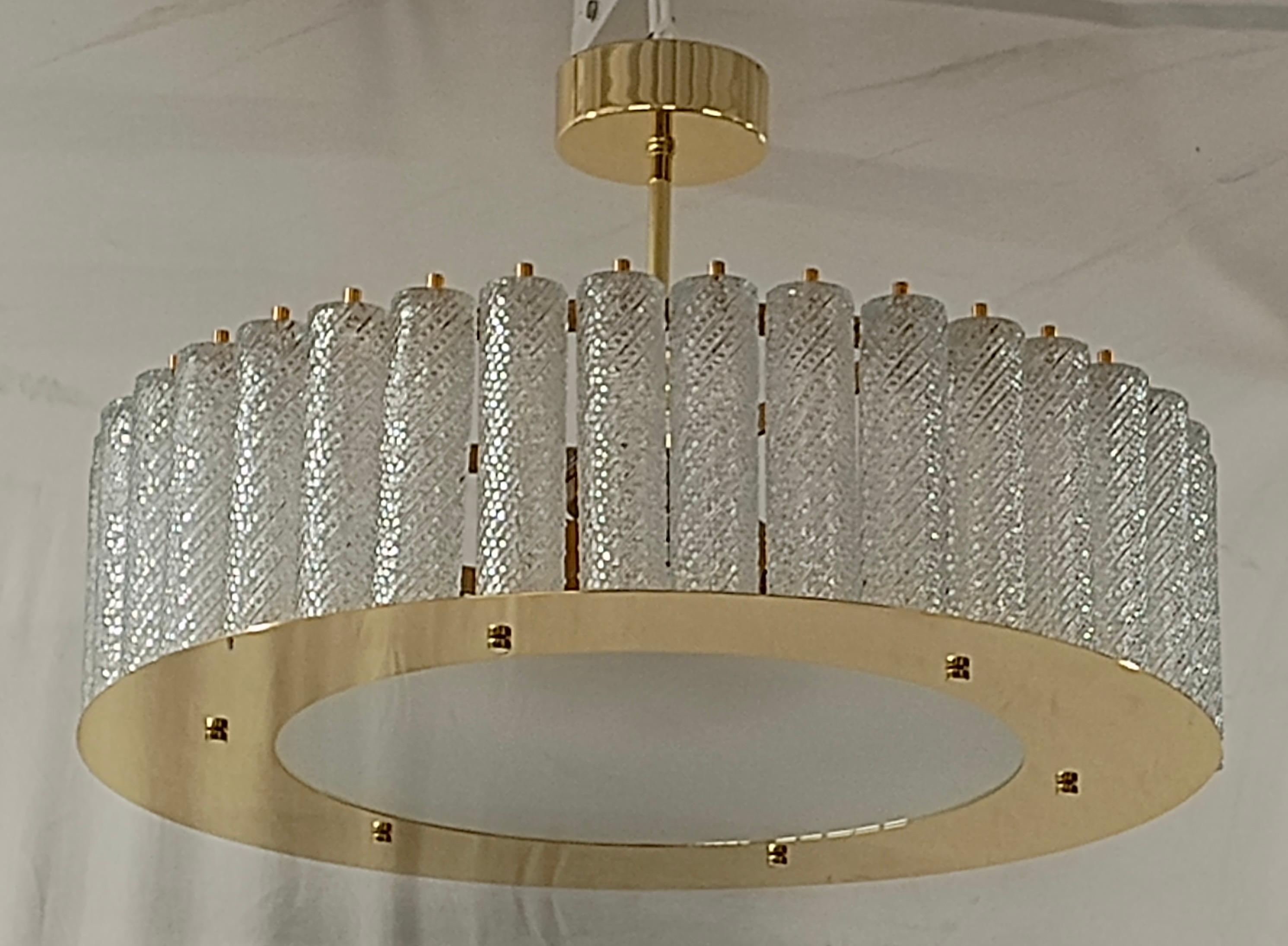Contemporary Midcentury Round Murano Art Glass and Brass Chandelier and Pendant, 2020 For Sale