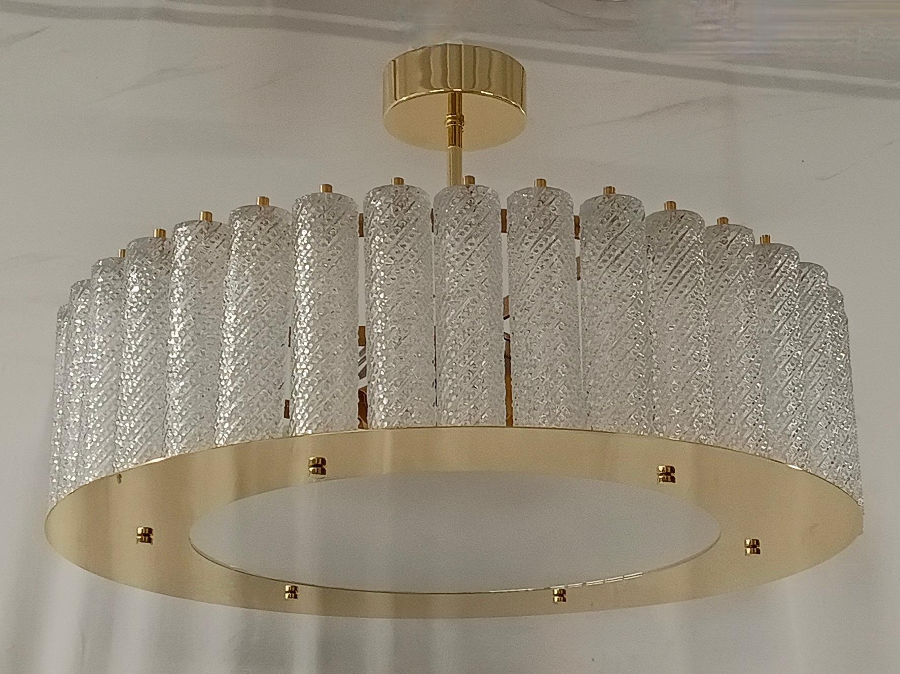 Midcentury Round Murano Art Glass and Brass Chandelier and Pendant, 2020 For Sale 1