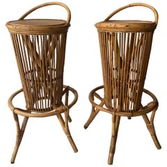 Midcentury Round Natural Fiber Bamboo Italian Stools, Italy, 1960