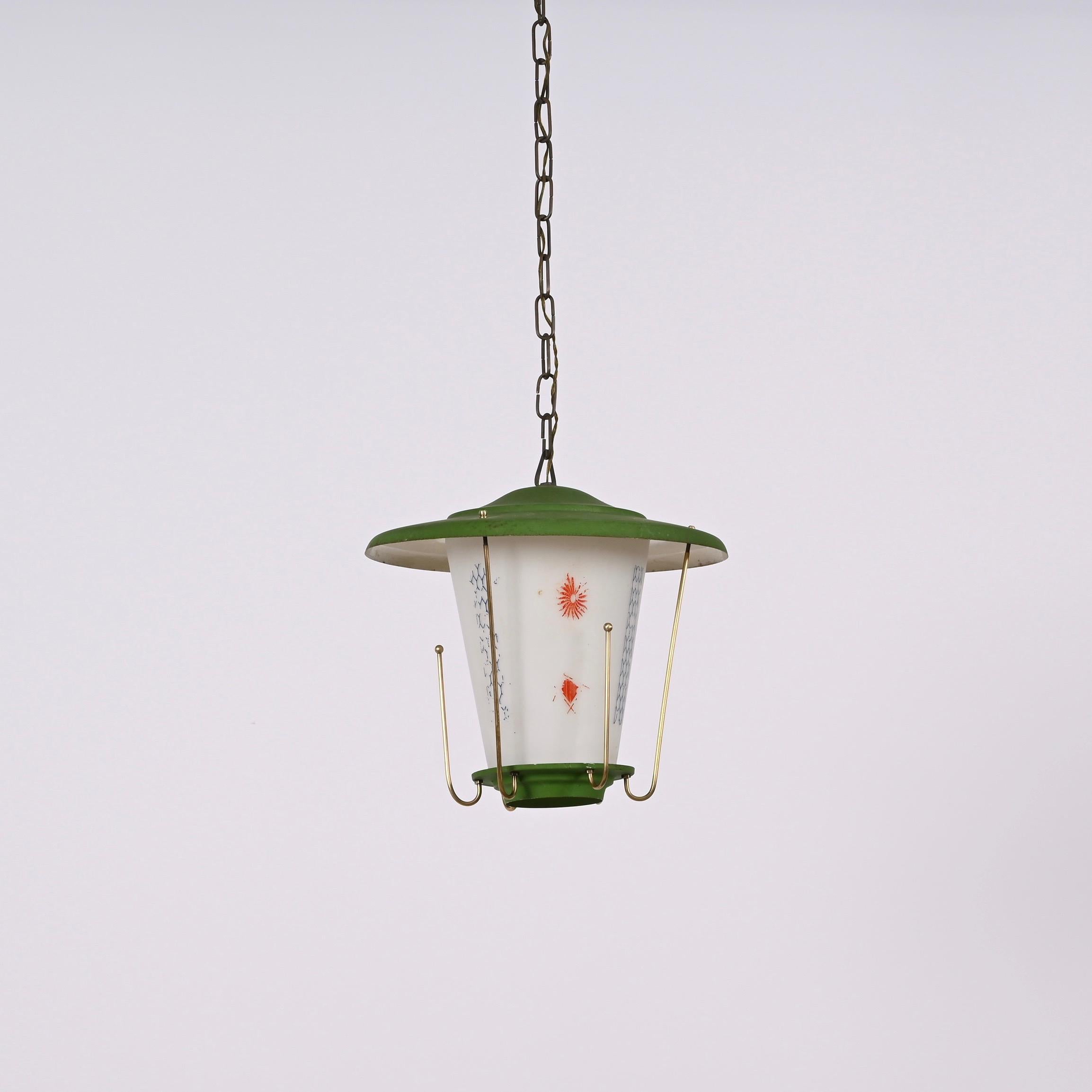 MidCentury Round Opaline Glass and Brass Italian Green Lantern Chandelier, 1950s For Sale 3