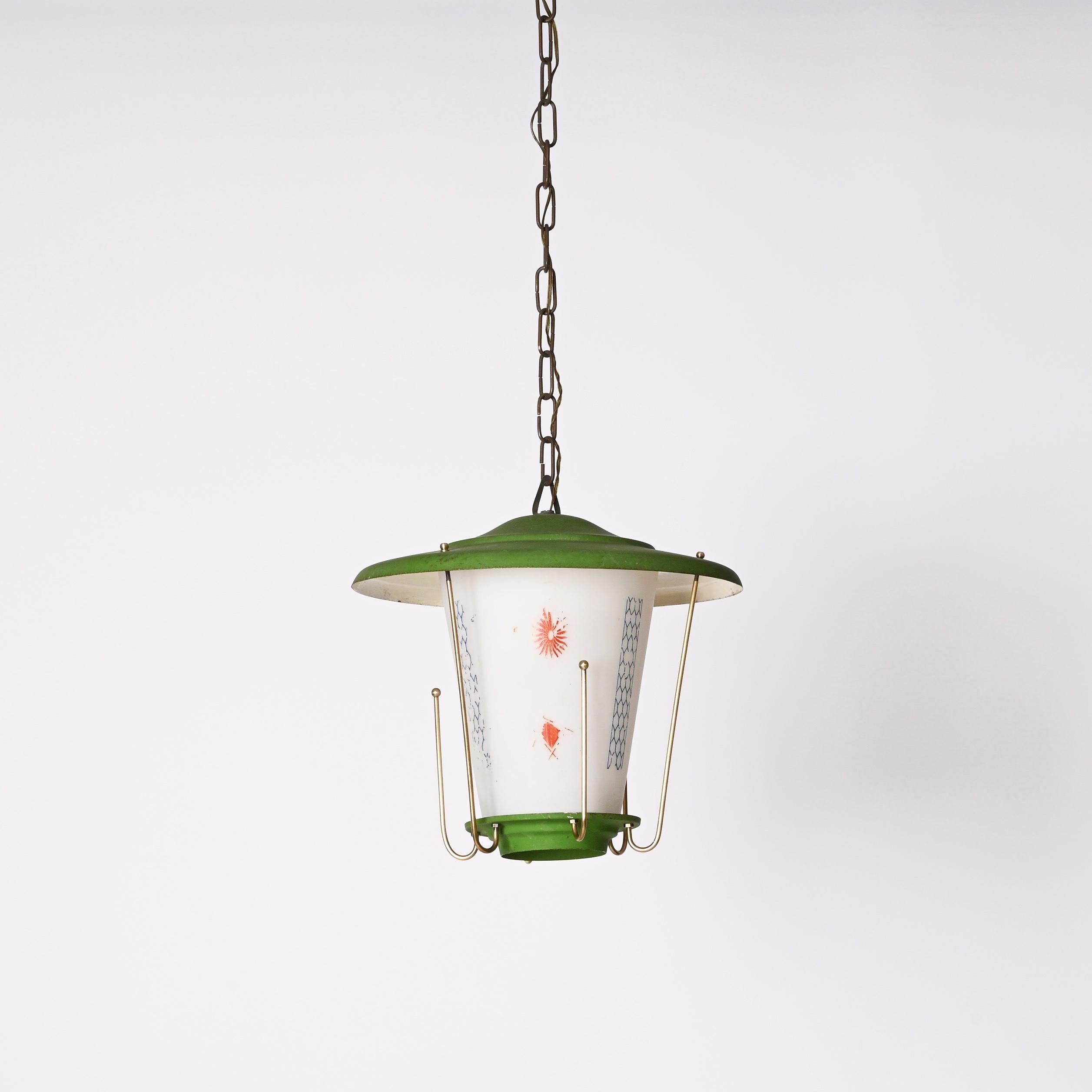 MidCentury Round Opaline Glass and Brass Italian Green Lantern Chandelier, 1950s For Sale 5
