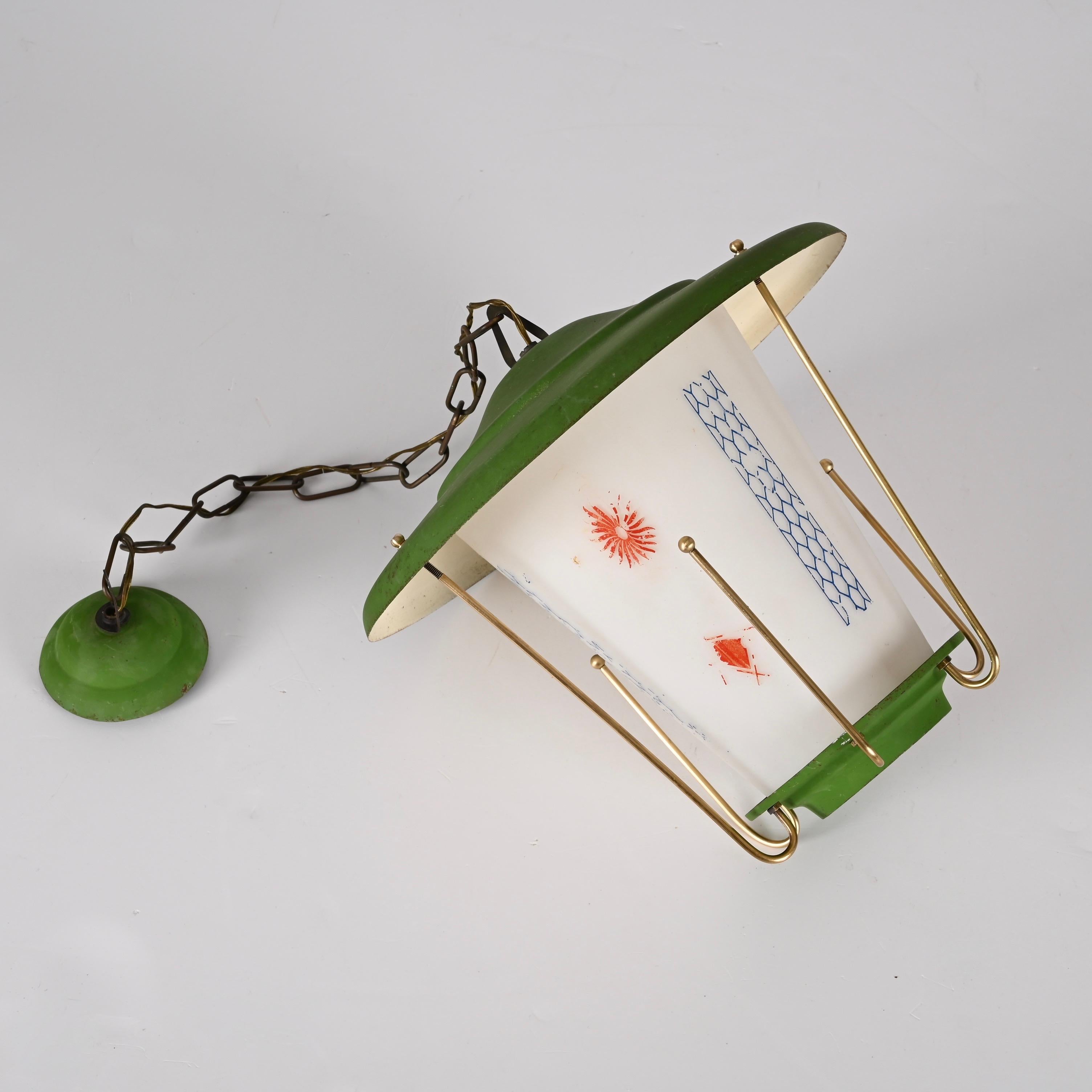 MidCentury Round Opaline Glass and Brass Italian Green Lantern Chandelier, 1950s For Sale 6