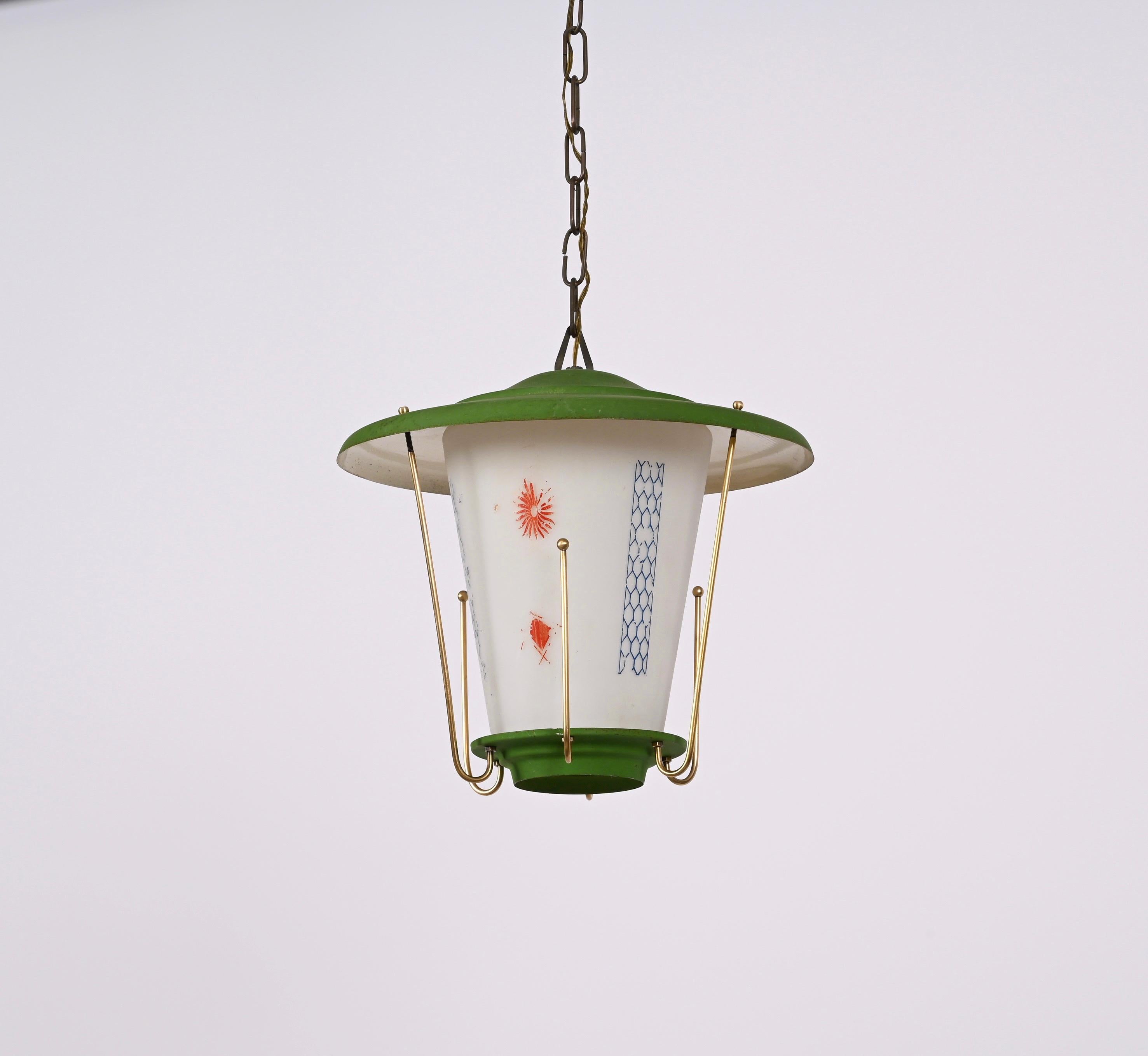 MidCentury Round Opaline Glass and Brass Italian Green Lantern Chandelier, 1950s For Sale 7