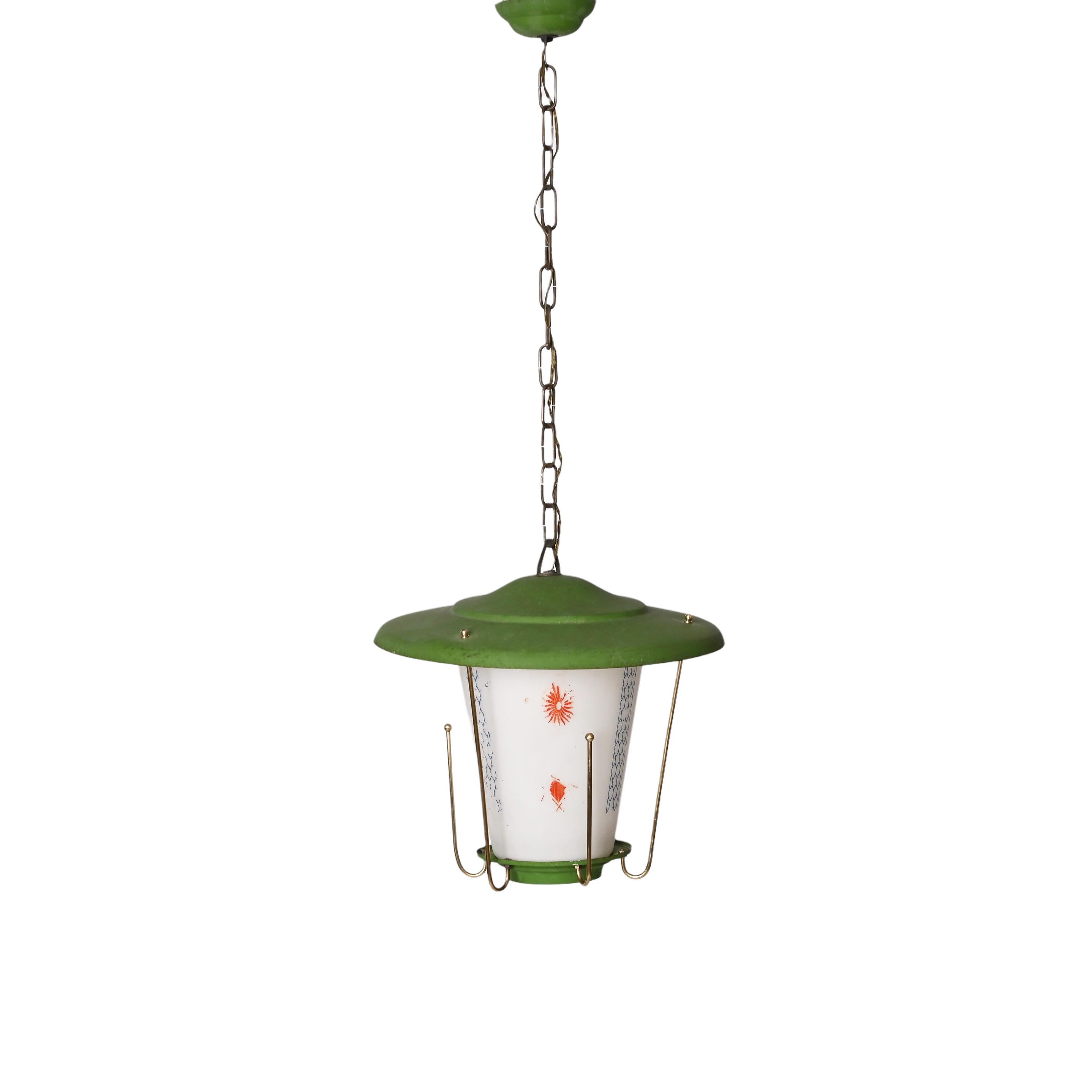 MidCentury Round Opaline Glass and Brass Italian Green Lantern Chandelier, 1950s im Angebot 9