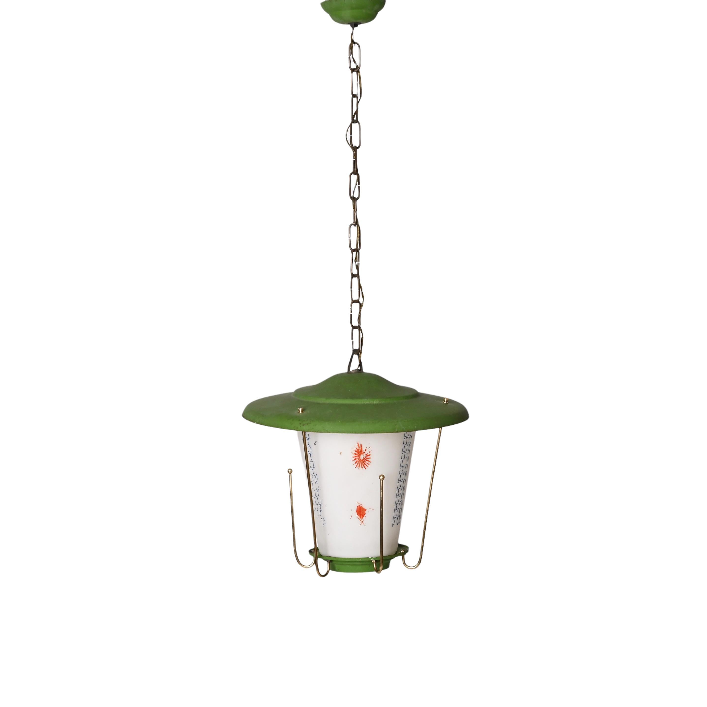 MidCentury Round Opaline Glass and Brass Italian Green Lantern Chandelier, 1950s For Sale 10