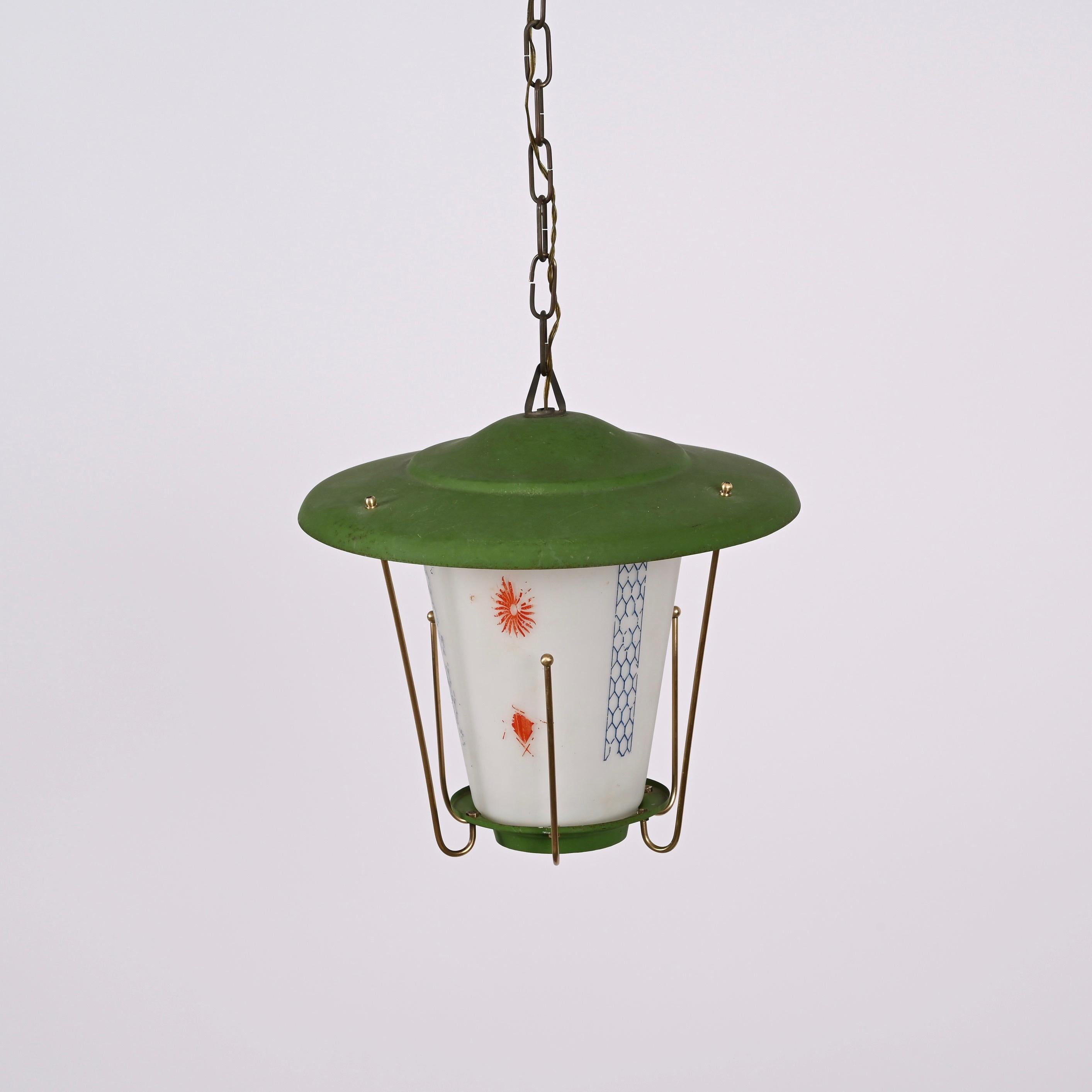 MidCentury Round Opaline Glass and Brass Italian Green Lantern Chandelier, 1950s For Sale 11