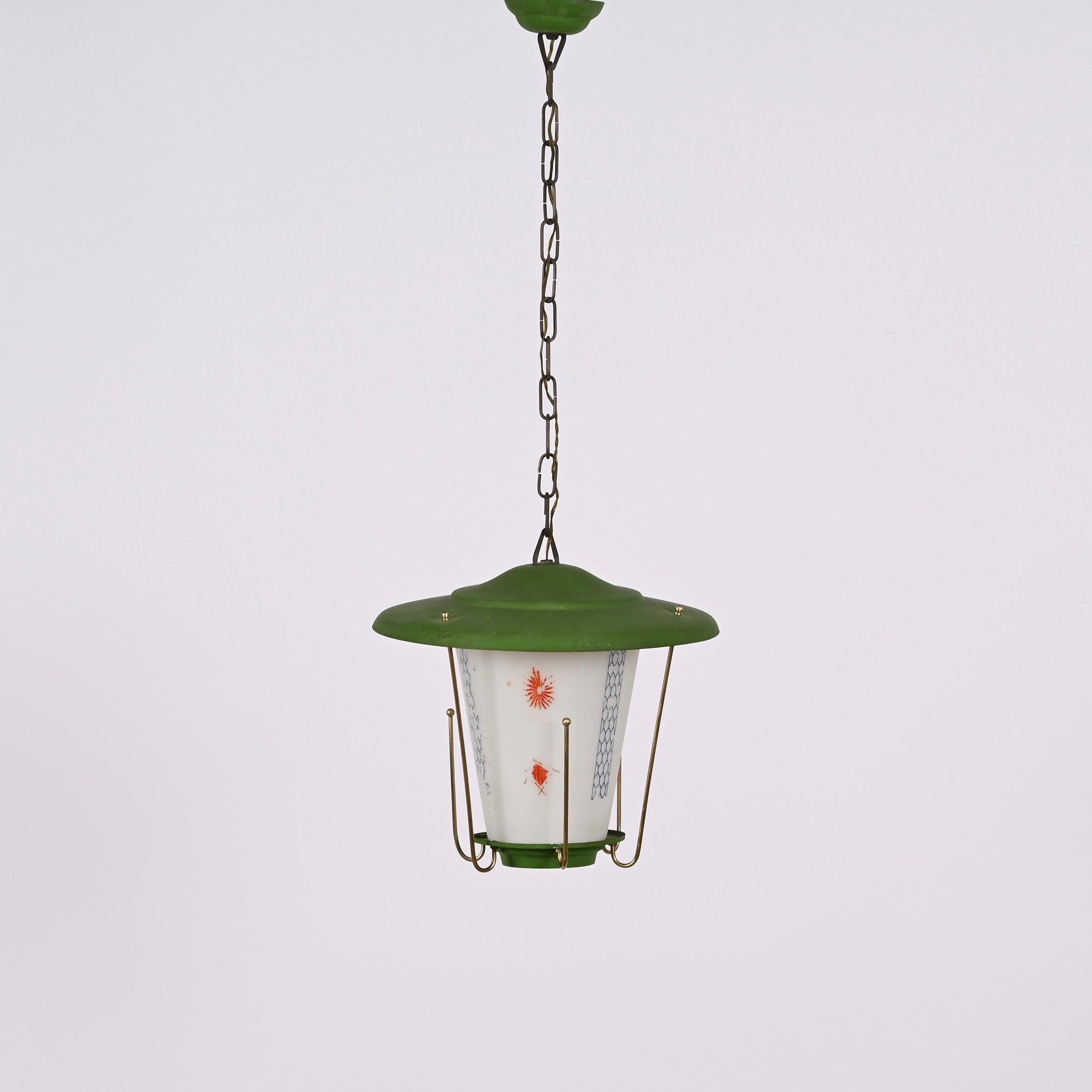 MidCentury Round Opaline Glass and Brass Italian Green Lantern Chandelier, 1950s For Sale 12