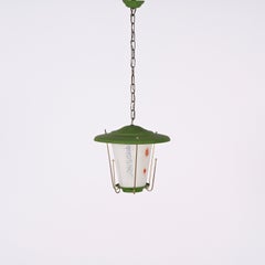 MidCentury Round Opaline Glass and Brass Italian Green Lantern Chandelier, 1950s