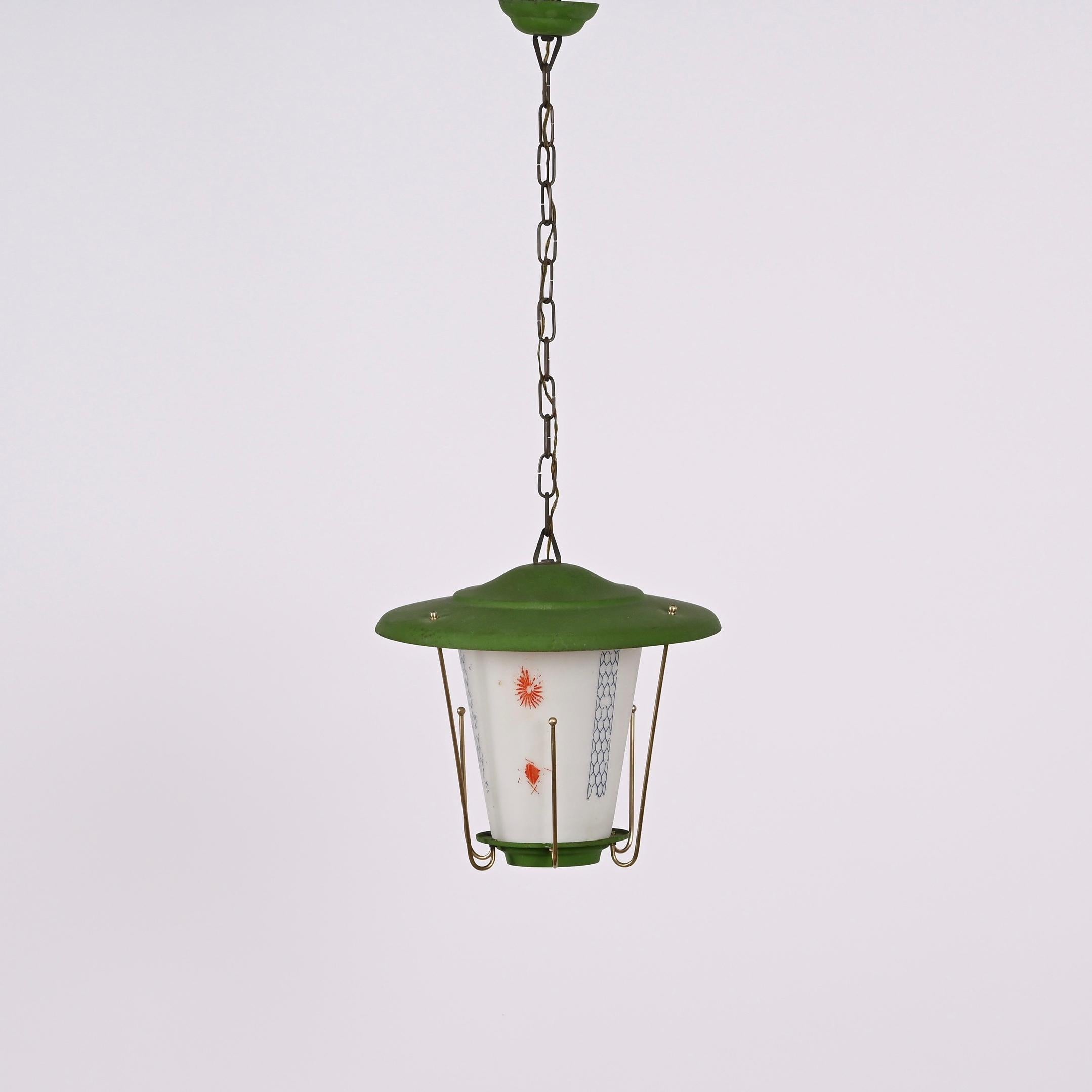 MidCentury Round Opaline Glass and Brass Italian Green Lantern Chandelier, 1950s For Sale 13
