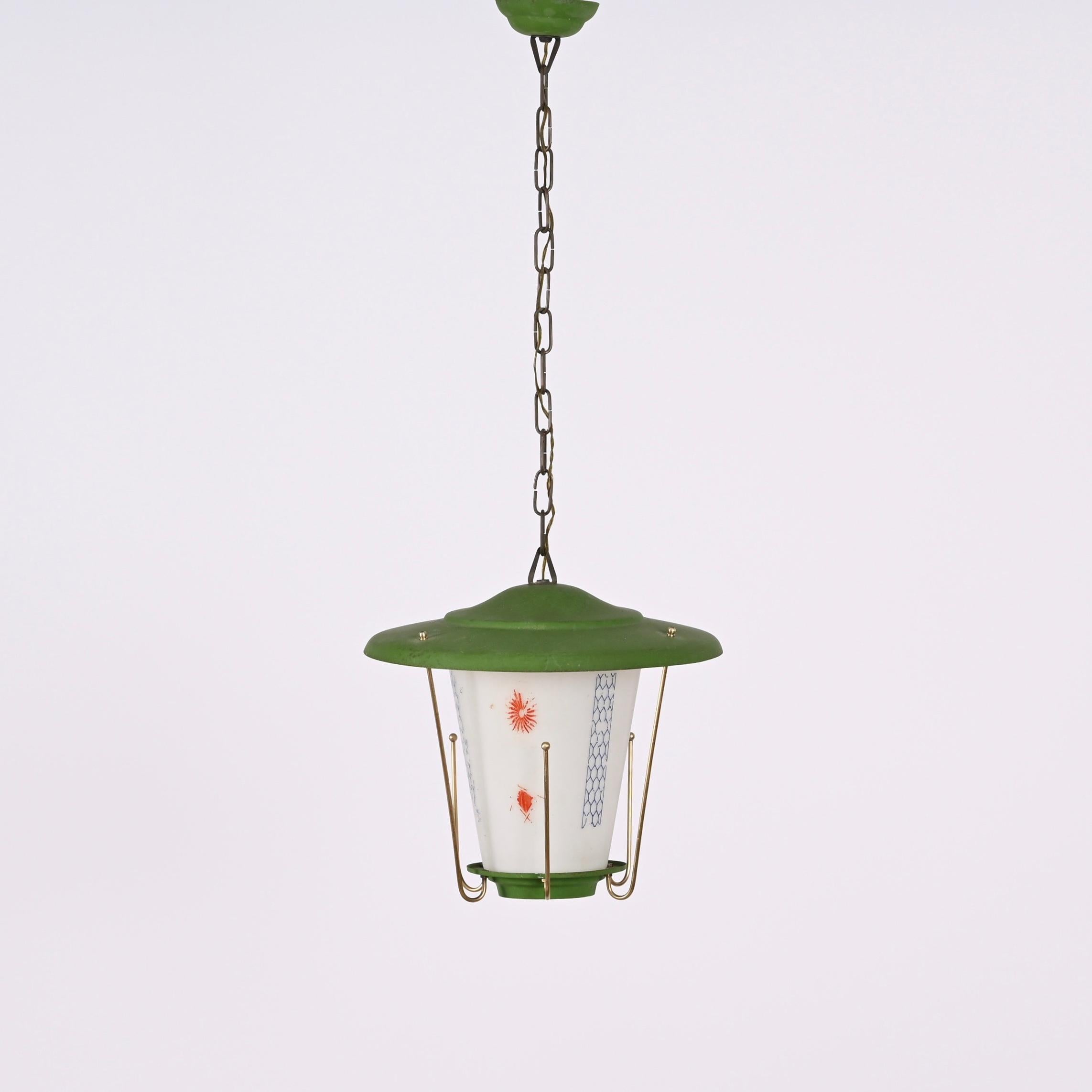 Lacquered MidCentury Round Opaline Glass and Brass Italian Green Lantern Chandelier, 1950s For Sale