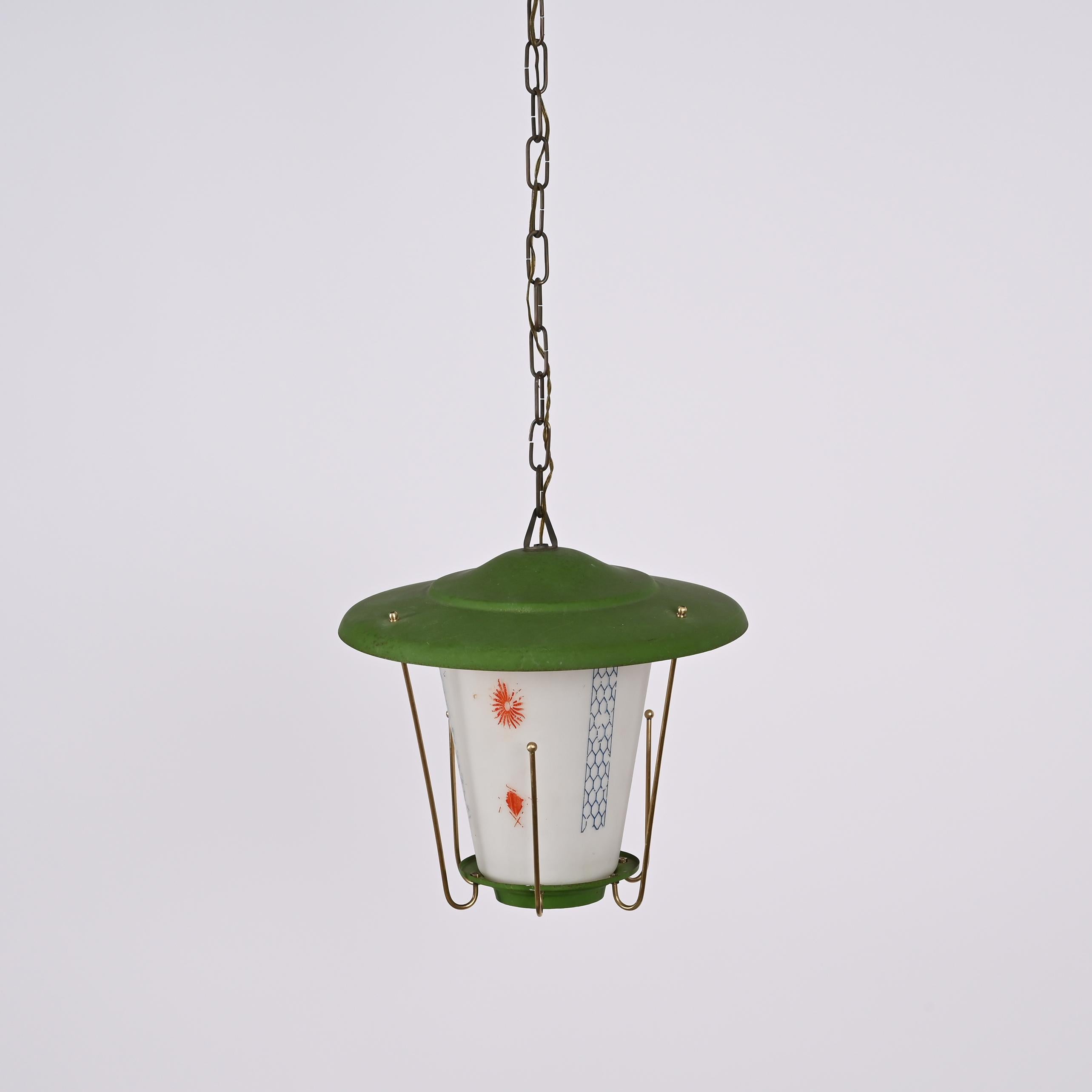 MidCentury Round Opaline Glass and Brass Italian Green Lantern Chandelier, 1950s For Sale 1
