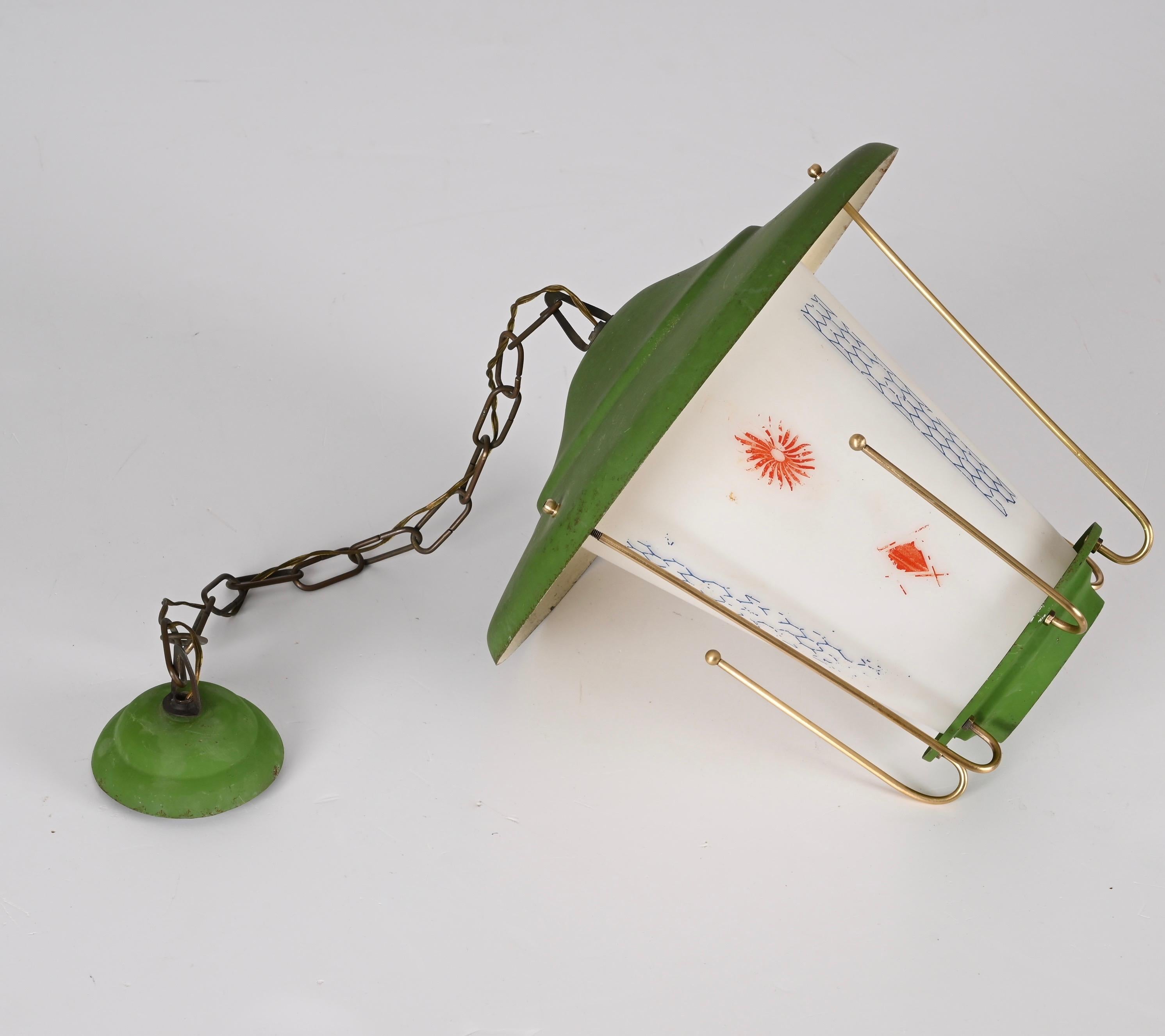 MidCentury Round Opaline Glass and Brass Italian Green Lantern Chandelier, 1950s For Sale 2