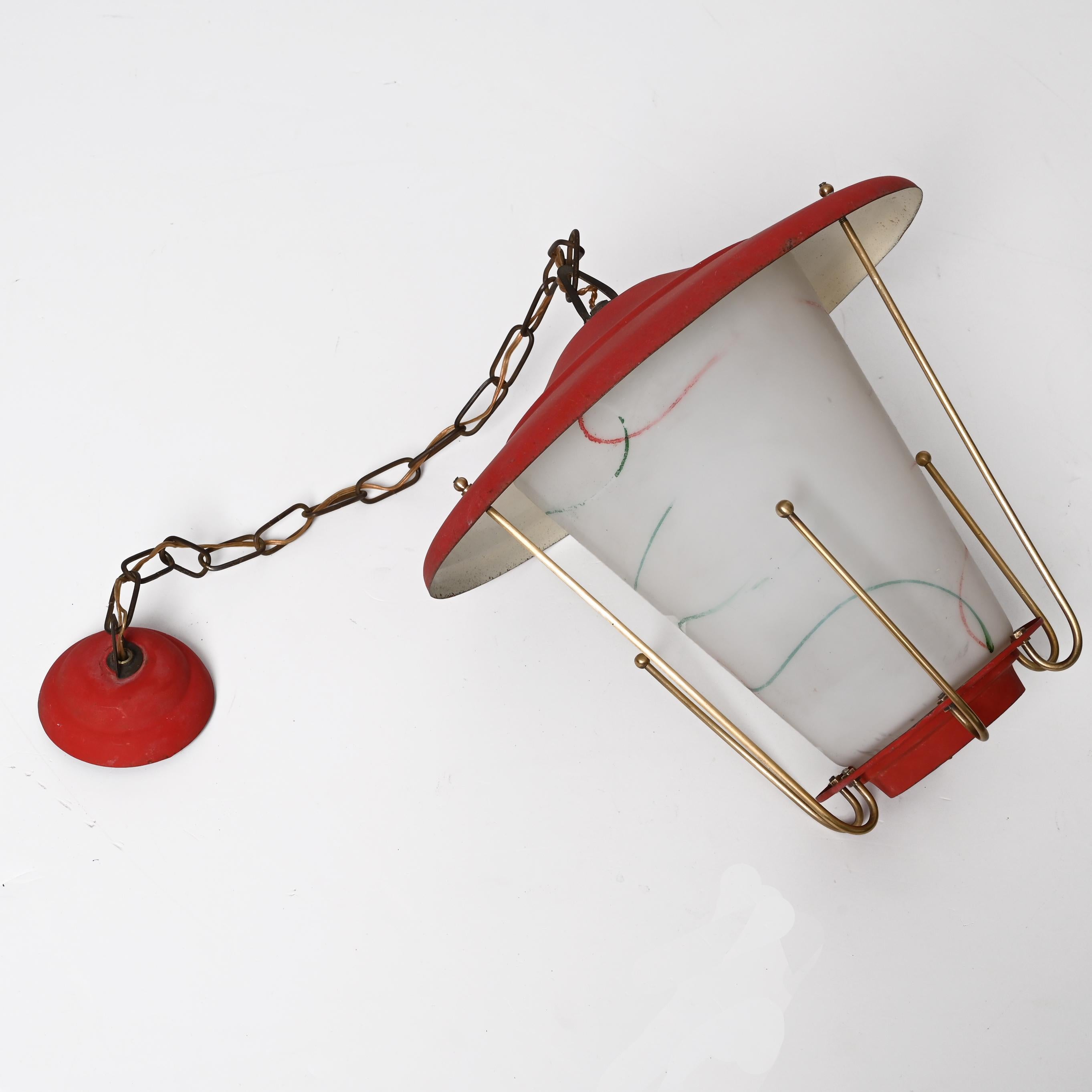 Midcentury Round Opaline Glass and Brass Italian Red Lantern Chandelier, 1950s For Sale 3