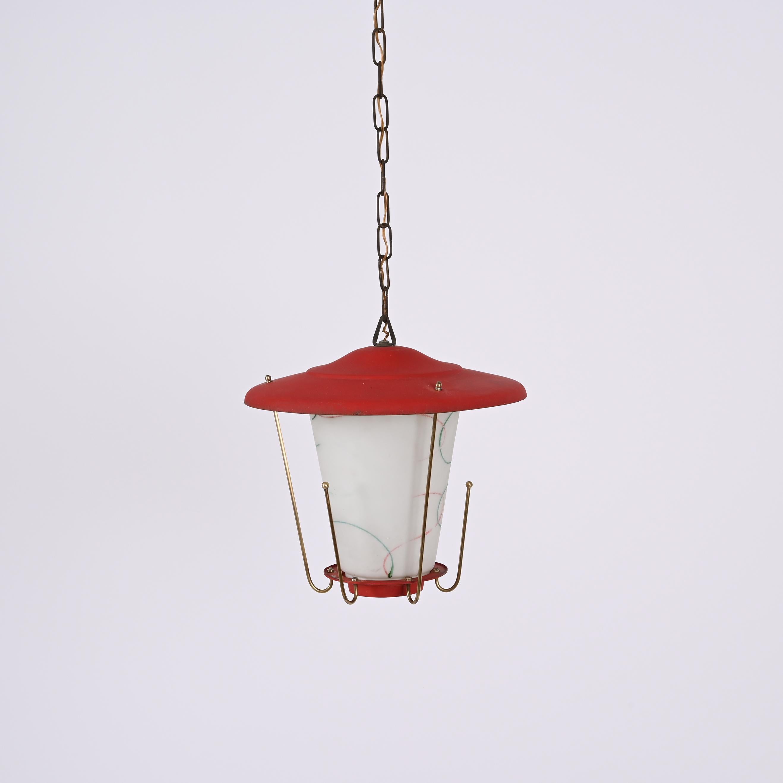 Midcentury Round Opaline Glass and Brass Italian Red Lantern Chandelier, 1950s For Sale 4