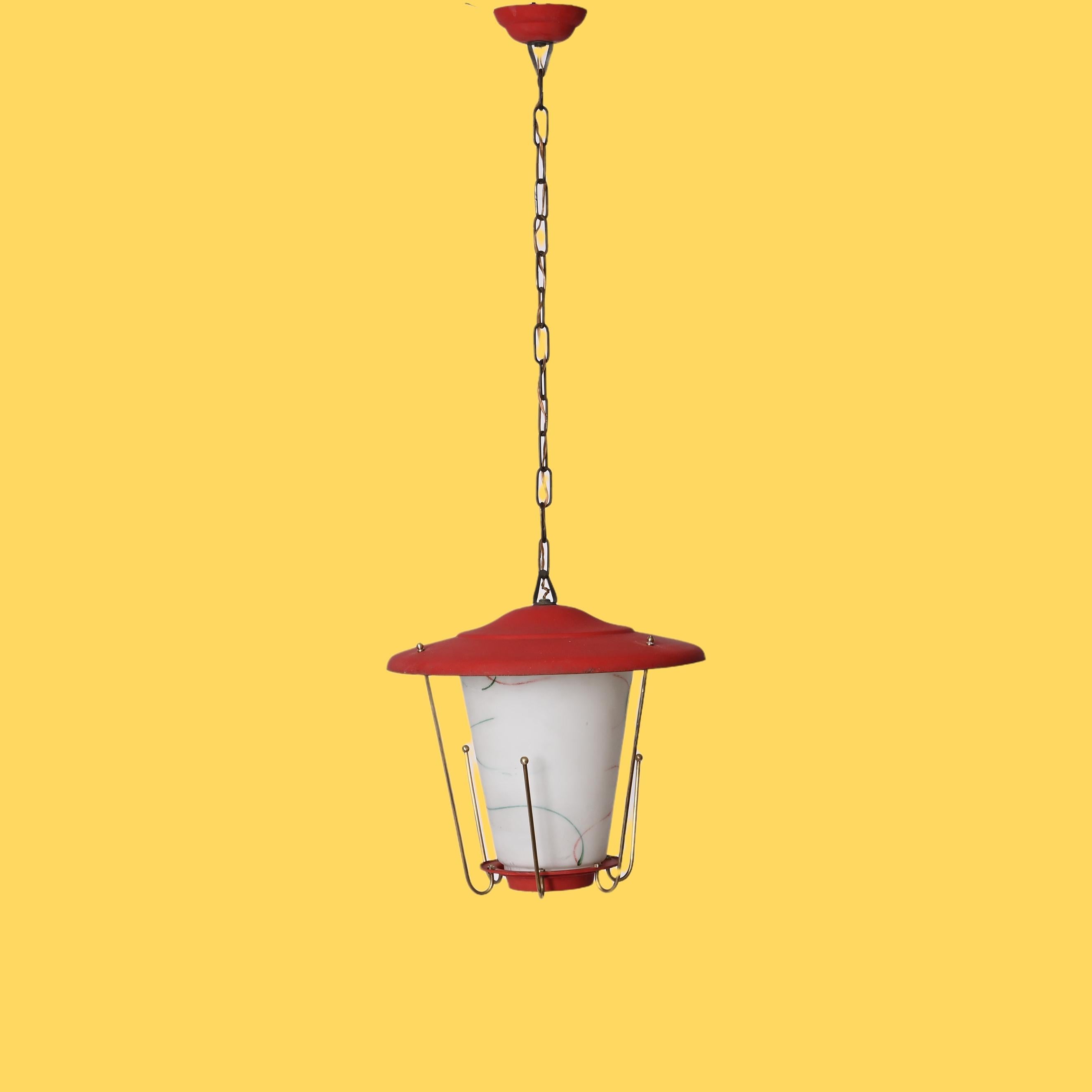 Midcentury Round Opaline Glass and Brass Italian Red Lantern Chandelier, 1950s For Sale 5