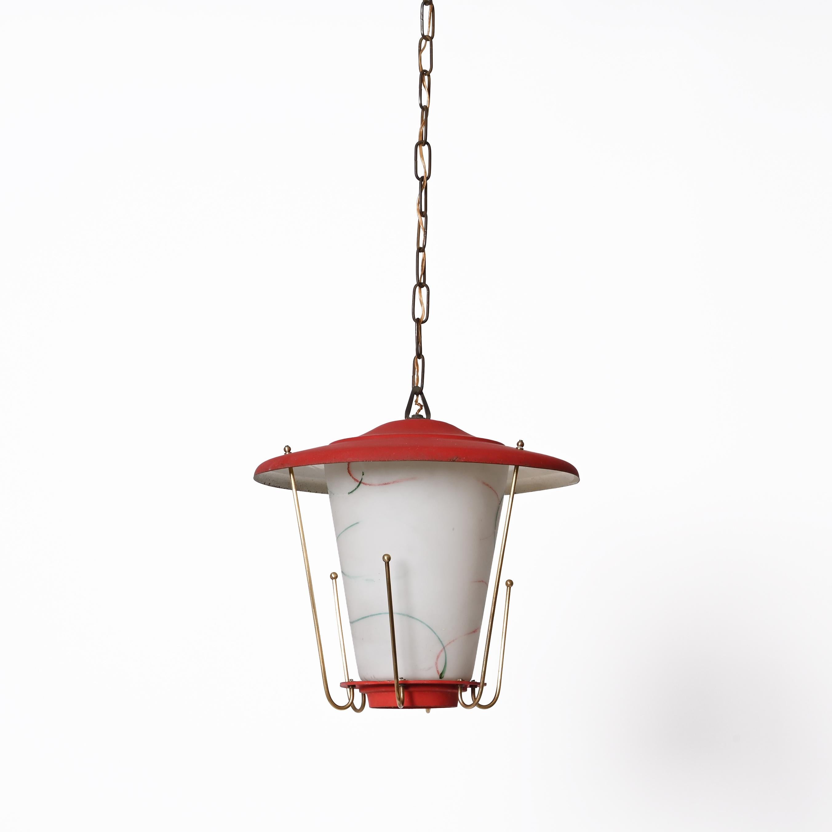 Midcentury Round Opaline Glass and Brass Italian Red Lantern Chandelier, 1950s For Sale 6