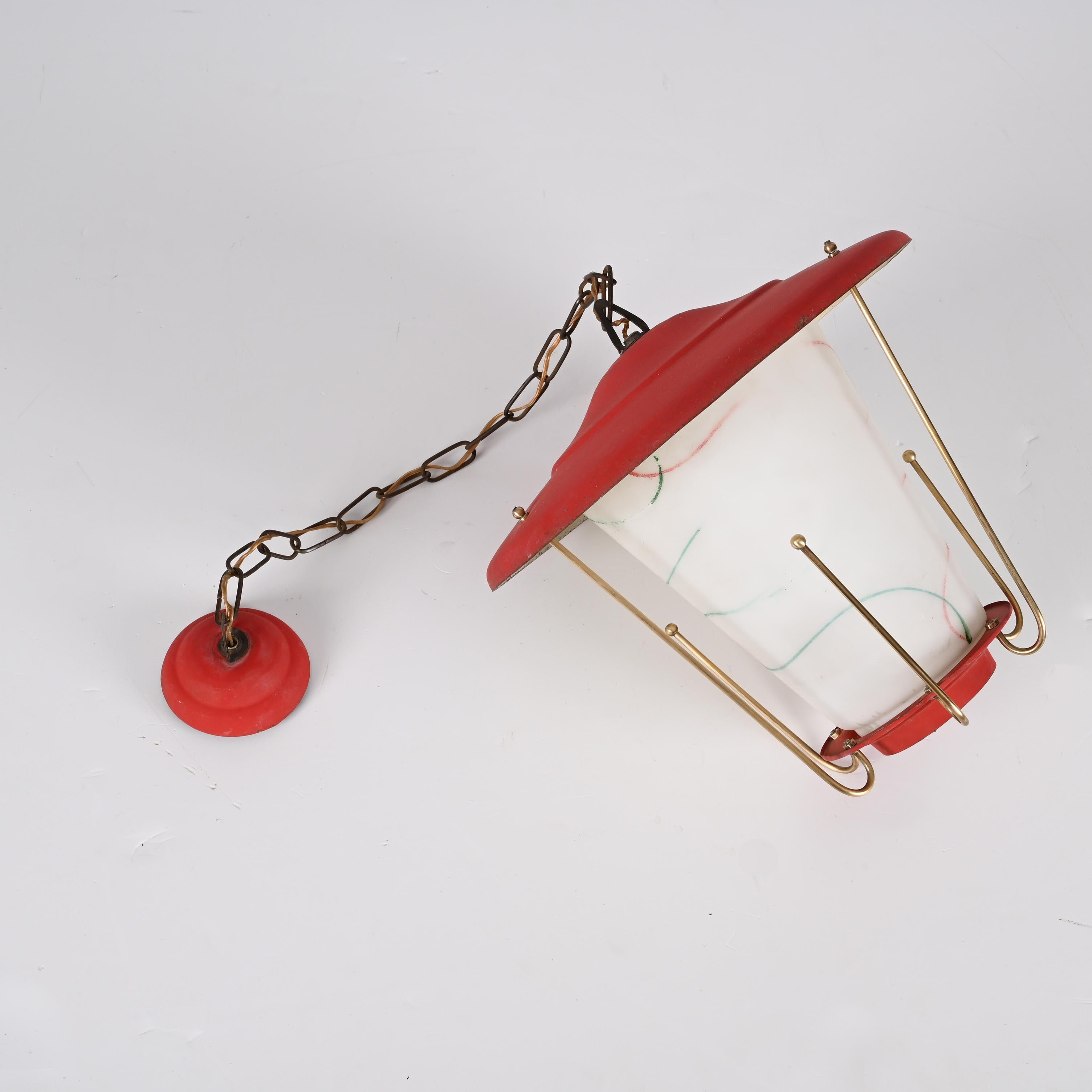 Midcentury Round Opaline Glass and Brass Italian Red Lantern Chandelier, 1950s For Sale 7