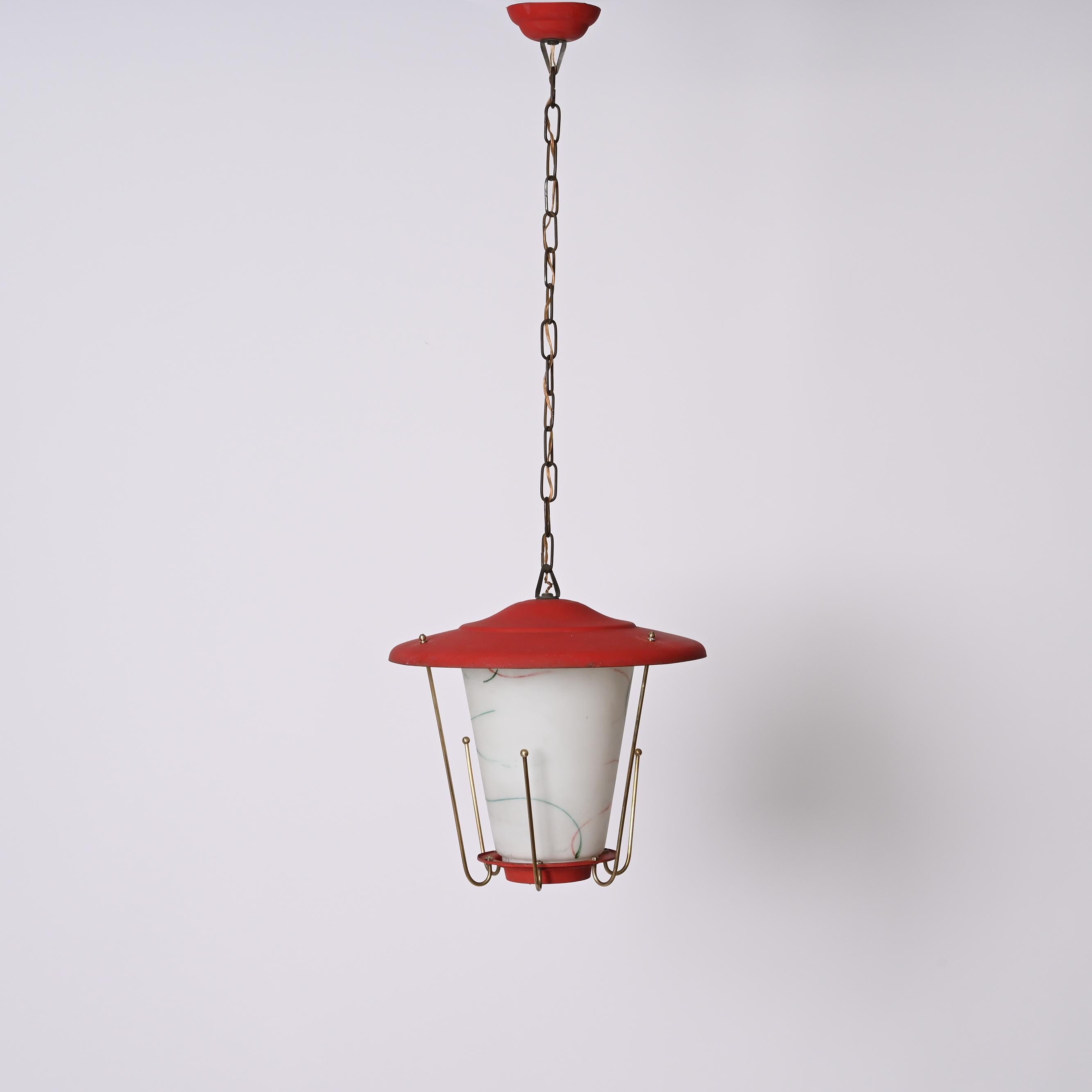 Midcentury Round Opaline Glass and Brass Italian Red Lantern Chandelier, 1950s For Sale 8