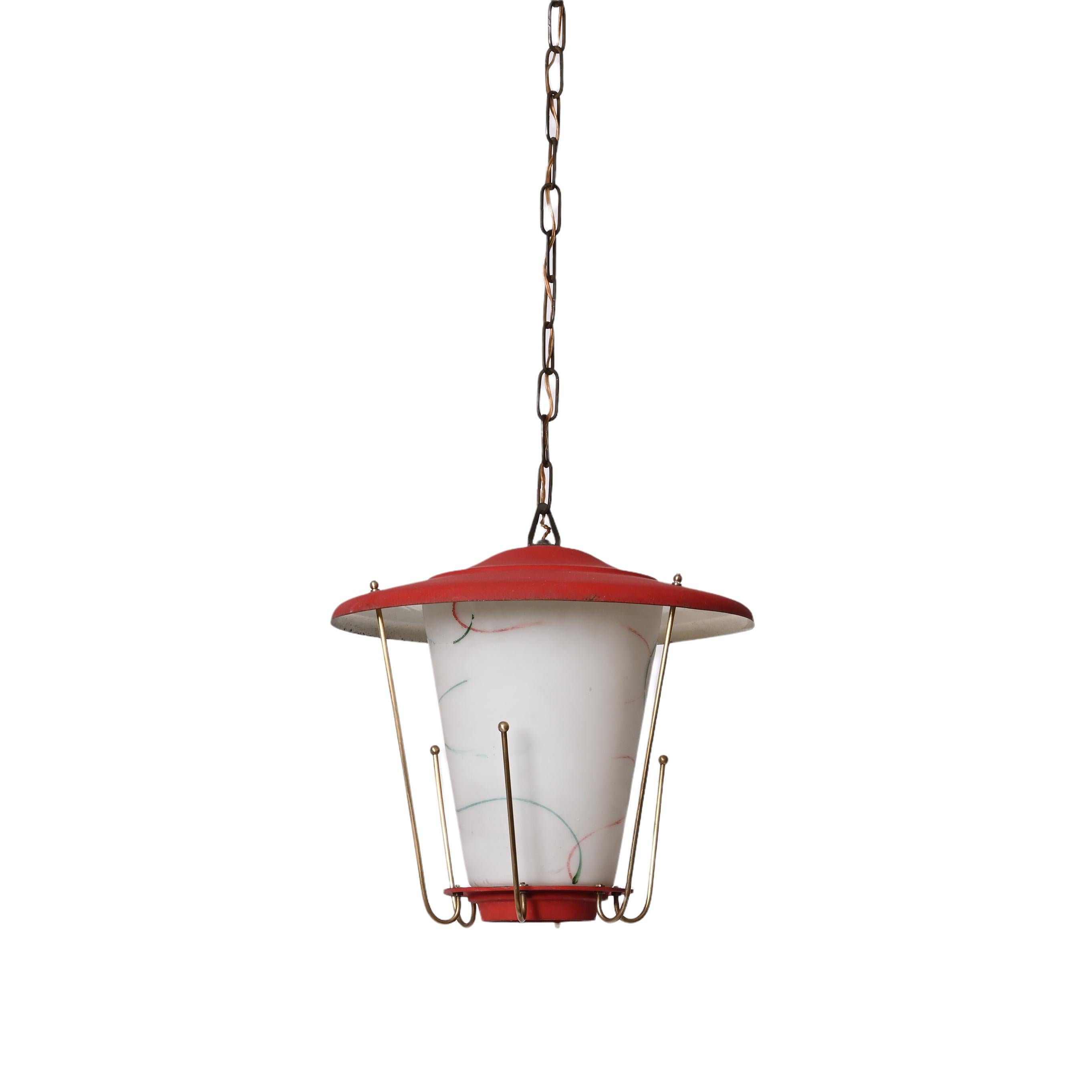 Midcentury Round Opaline Glass and Brass Italian Red Lantern Chandelier, 1950s For Sale 9