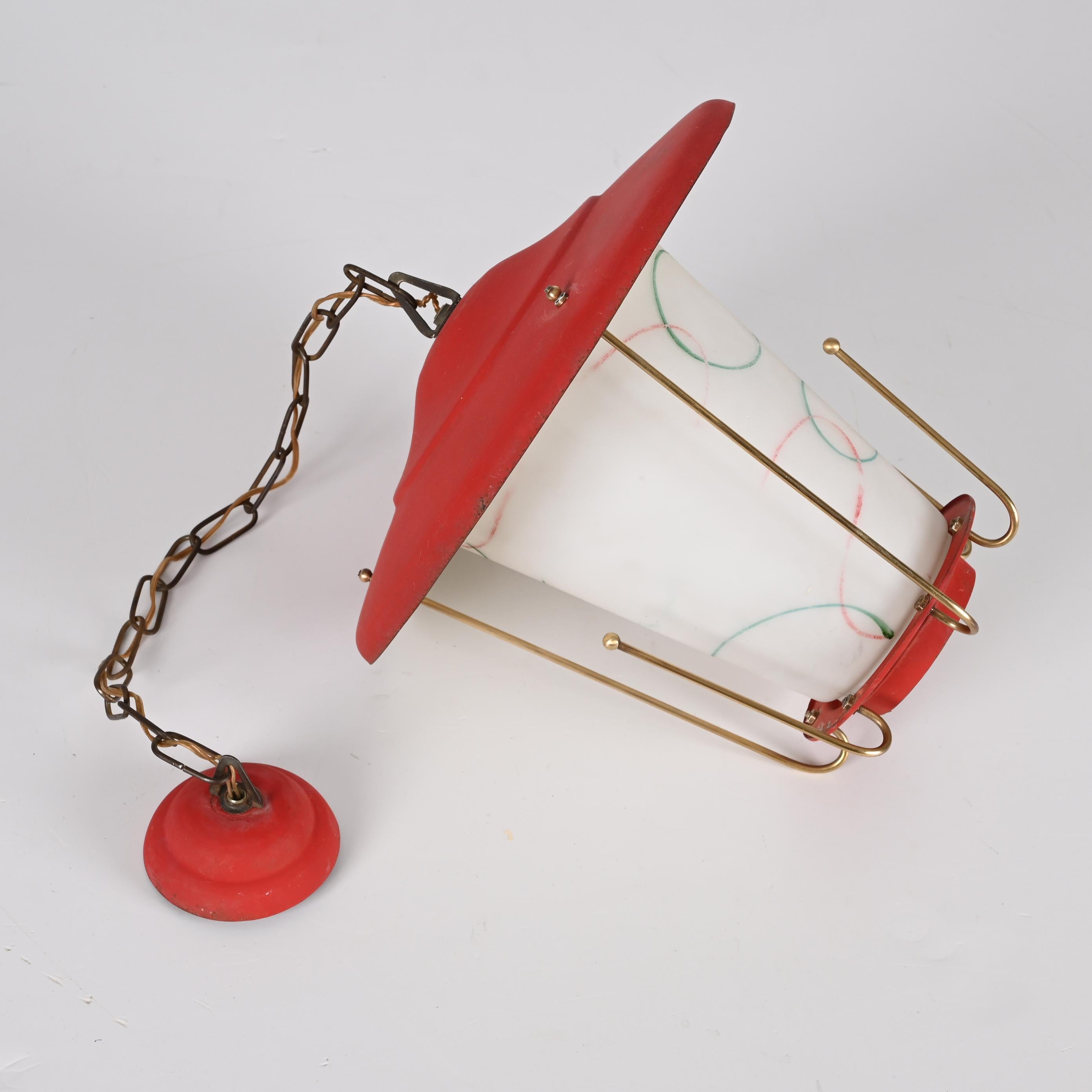 Midcentury Round Opaline Glass and Brass Italian Red Lantern Chandelier, 1950s For Sale 11