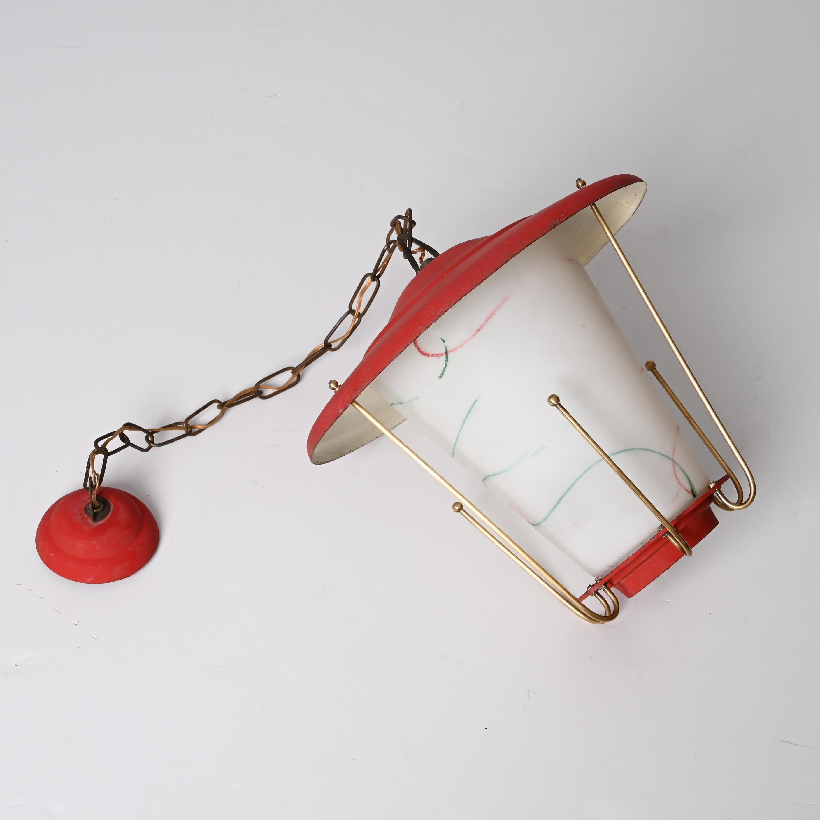Midcentury Round Opaline Glass and Brass Italian Red Lantern Chandelier, 1950s For Sale 12