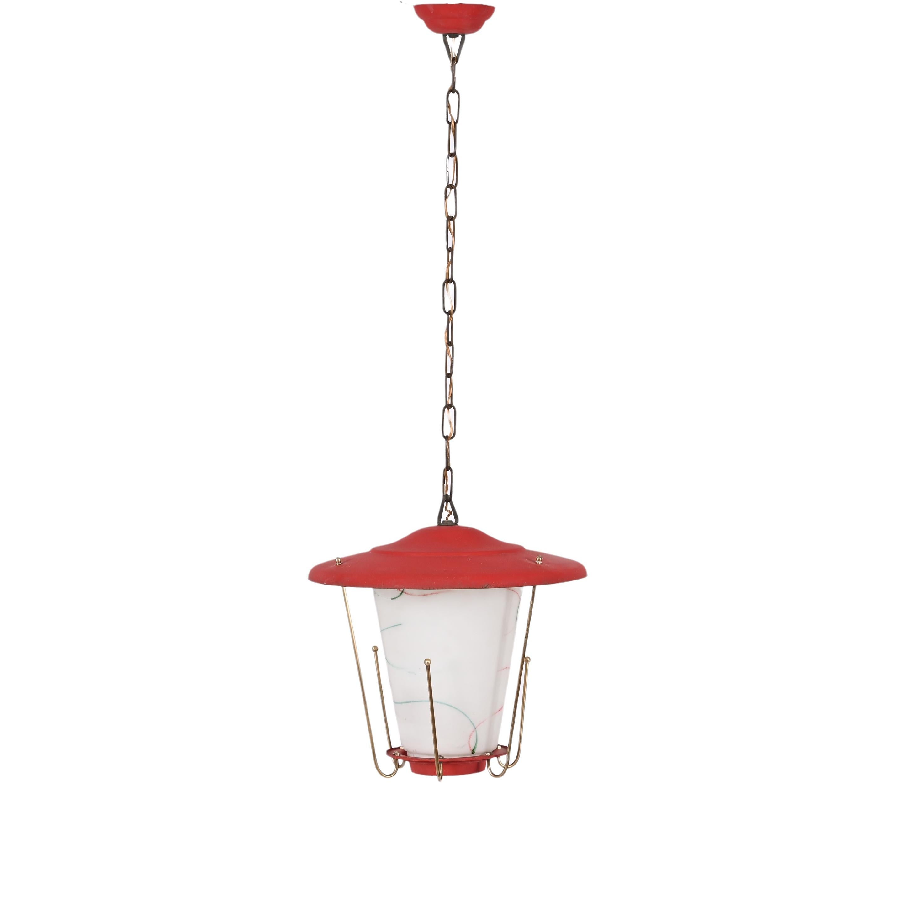 Mid-Century Modern Midcentury Round Opaline Glass and Brass Italian Red Lantern Chandelier, 1950s For Sale