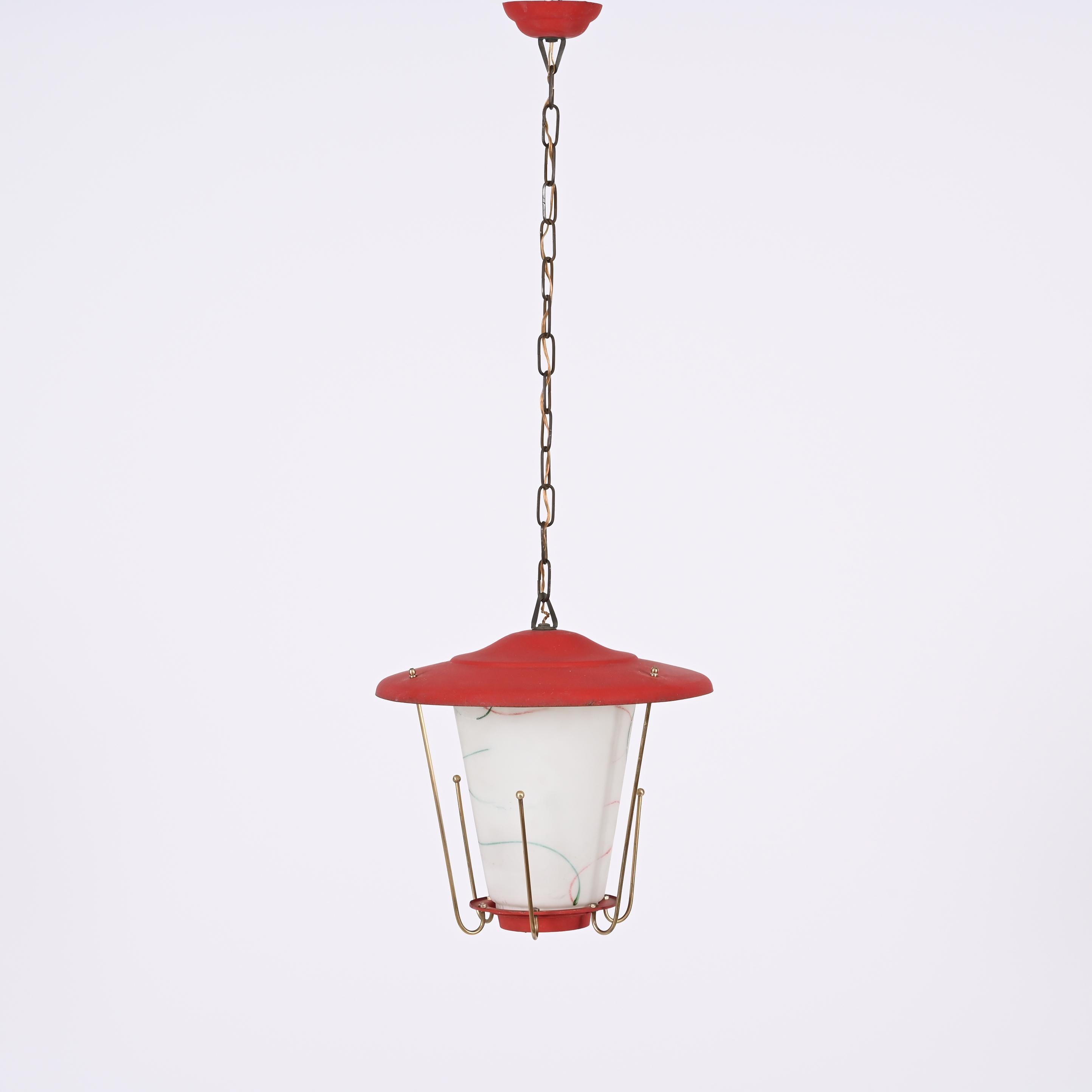 Lacquered Midcentury Round Opaline Glass and Brass Italian Red Lantern Chandelier, 1950s For Sale