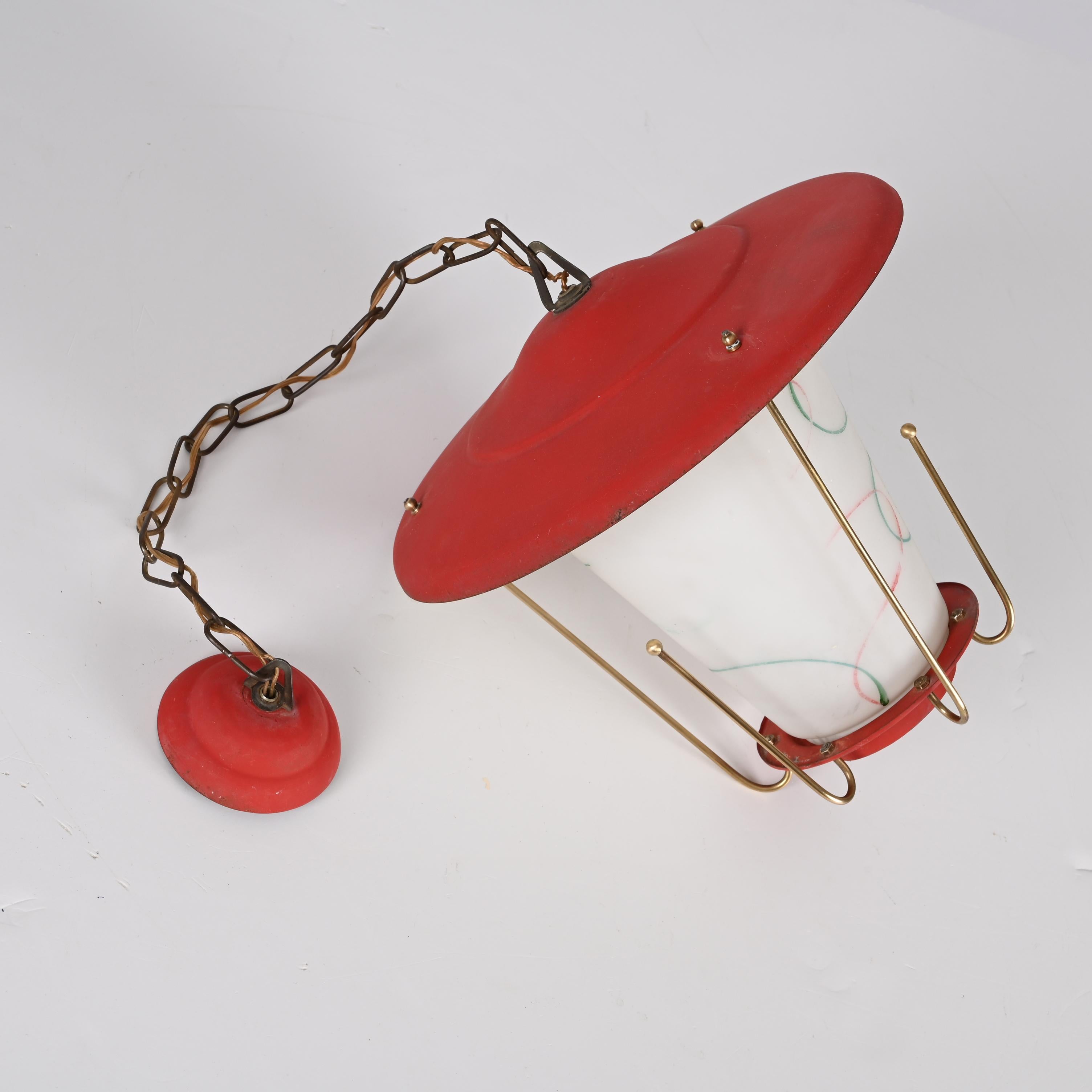 Midcentury Round Opaline Glass and Brass Italian Red Lantern Chandelier, 1950s In Good Condition For Sale In Roma, IT